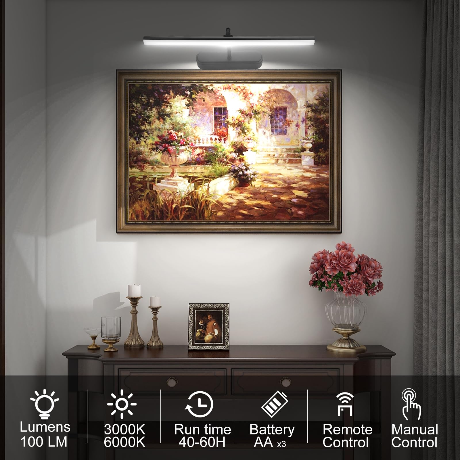 RAIFOOLLY Picture Light - Wireless 3AA Battery Art Light with Remote, Dimmable, 15 Inch, Black - Model RF00300