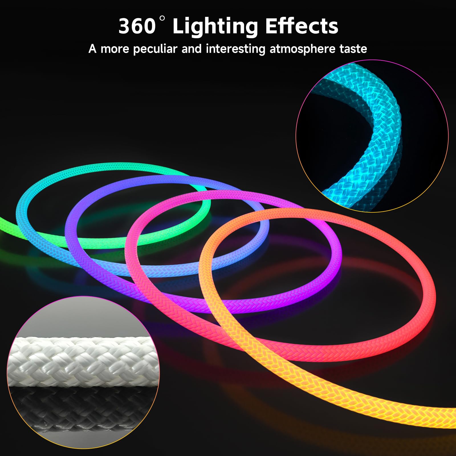 Tyute Led Rope Lights, 9.84Ft Neon Led Lights Strip With 360 Degree Luminous, 5V Usb Flexible Ip67 Waterproof Music Sync Remote