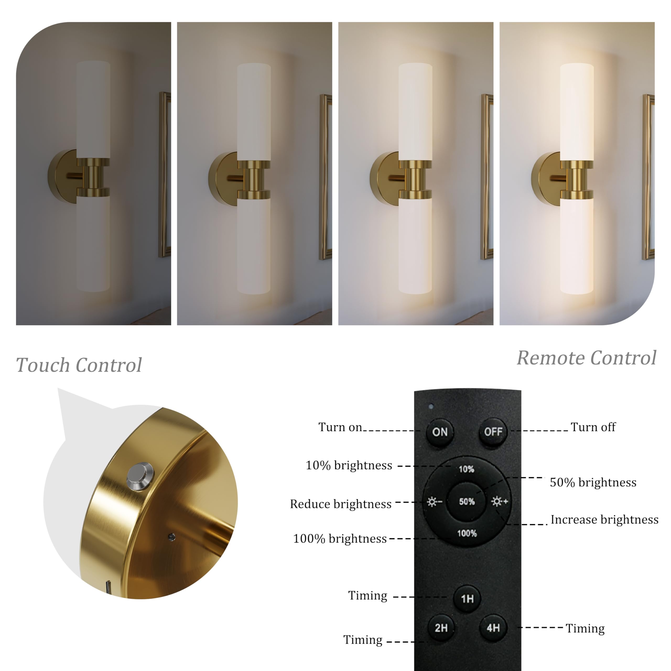Rayogale Rechargeable Battery Wall Sconce Set of Two, 10000mAh, Dimmable, Gold & White Shade, Model WL-7116-WG-2P, USB-C