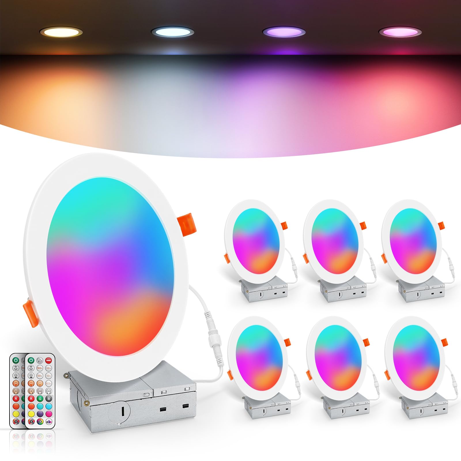 VARICART 6in RGBCW Dimmable LED Recessed Ceiling Lights, 16W 1500 Lumen, Aluminum, 6 Pack