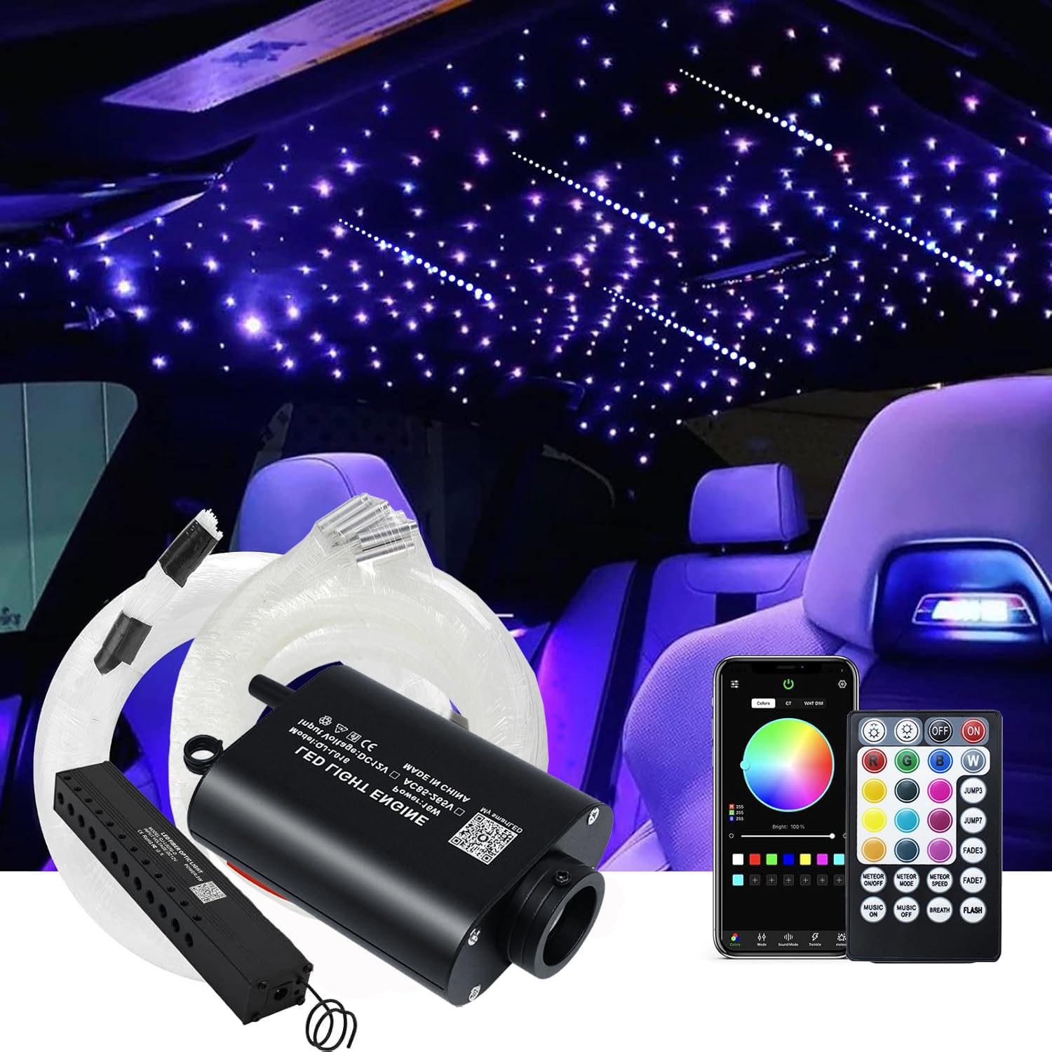 AMKI Fiber Optic Lights Kit, Sound Activated, 450pcs, 0.03in x 9.8ft, Remote/App Control, Multi-Color (Blue, Cyan, Green,