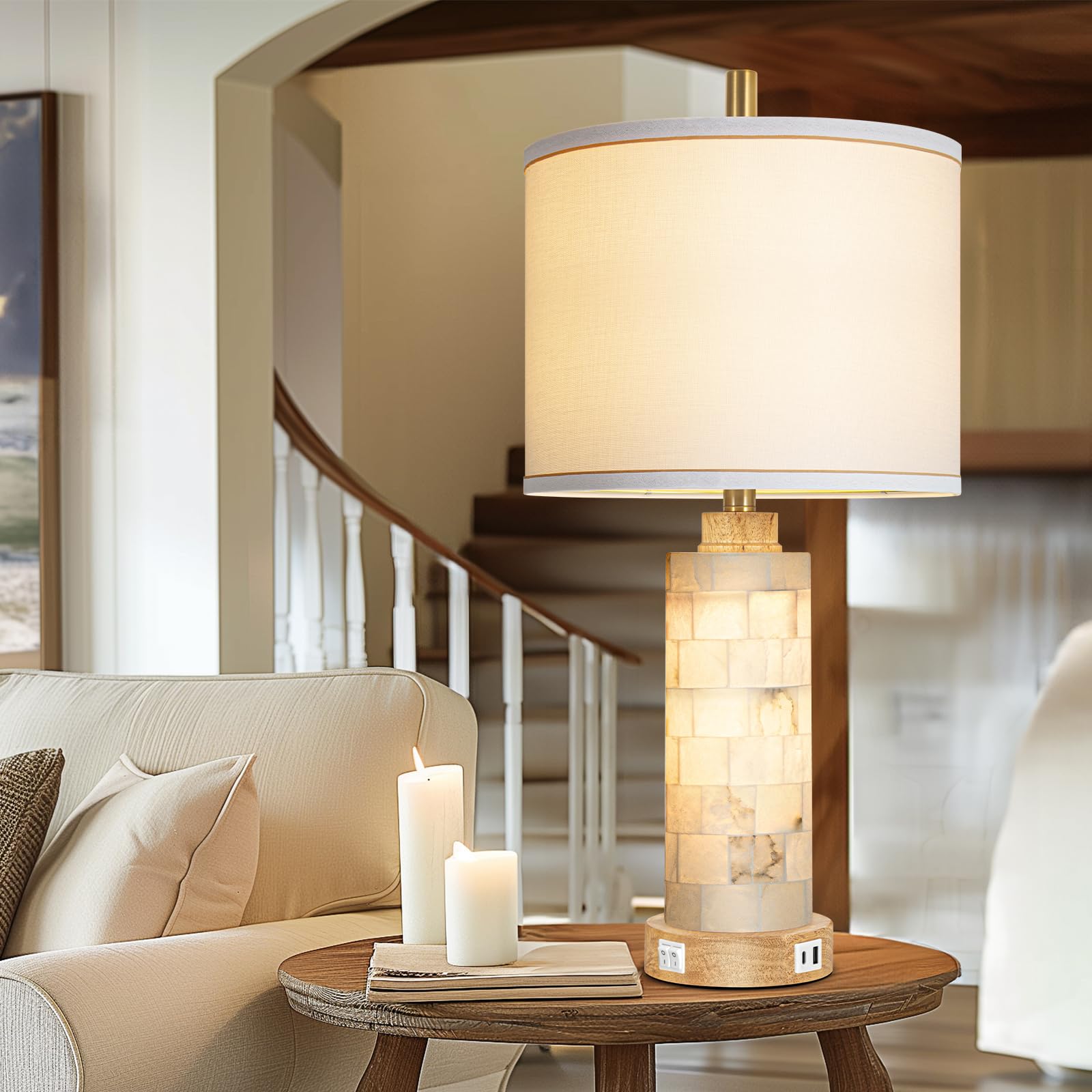 Kivditzo Natural Alabaster & Wood Table Lamp Set Of 2 With Usb Ports & Night Light