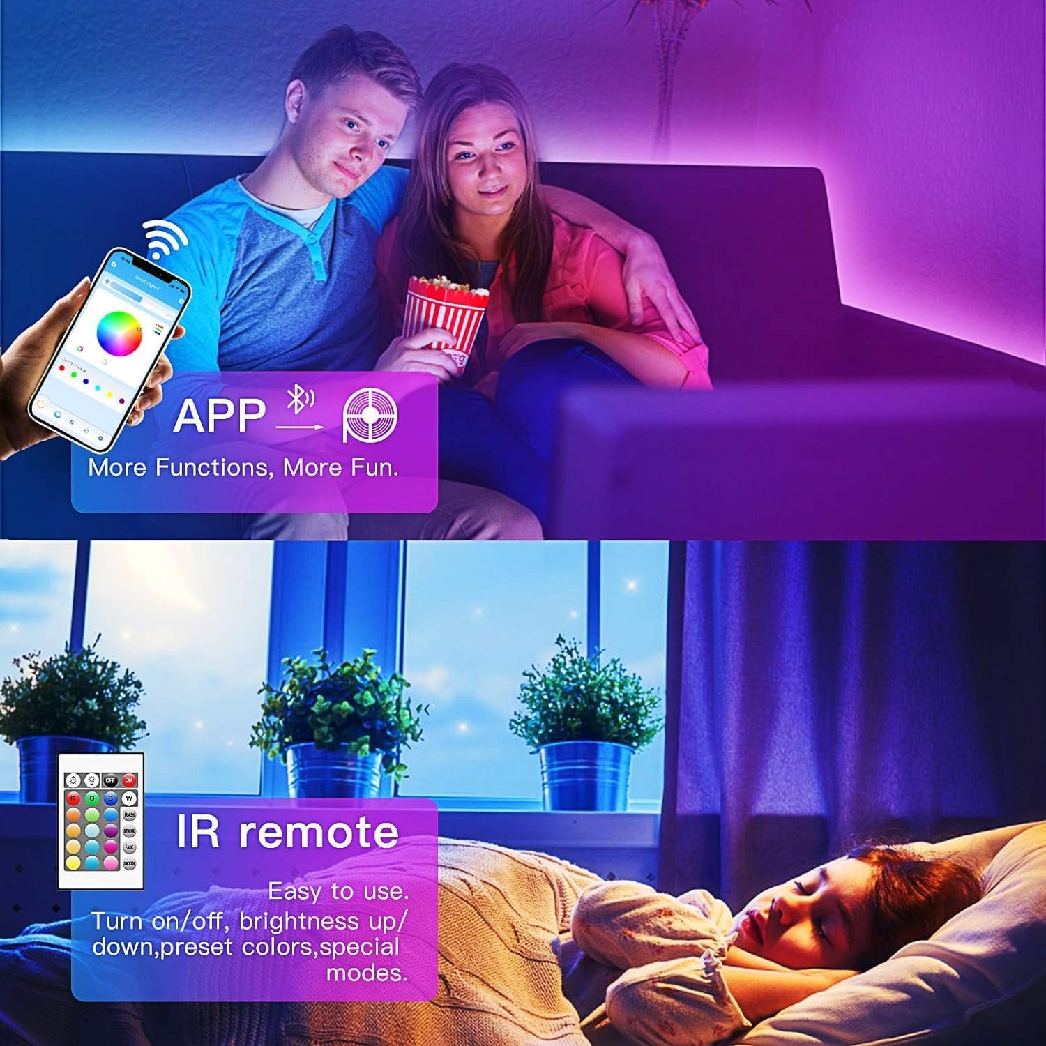 Tjoy 130Ft Bluetooth Led Strip Lights, Rgb Color Changing, Music Sync, App Control, Indoor Usage, 5050 Smd, 2 Rolls, For Bedroom