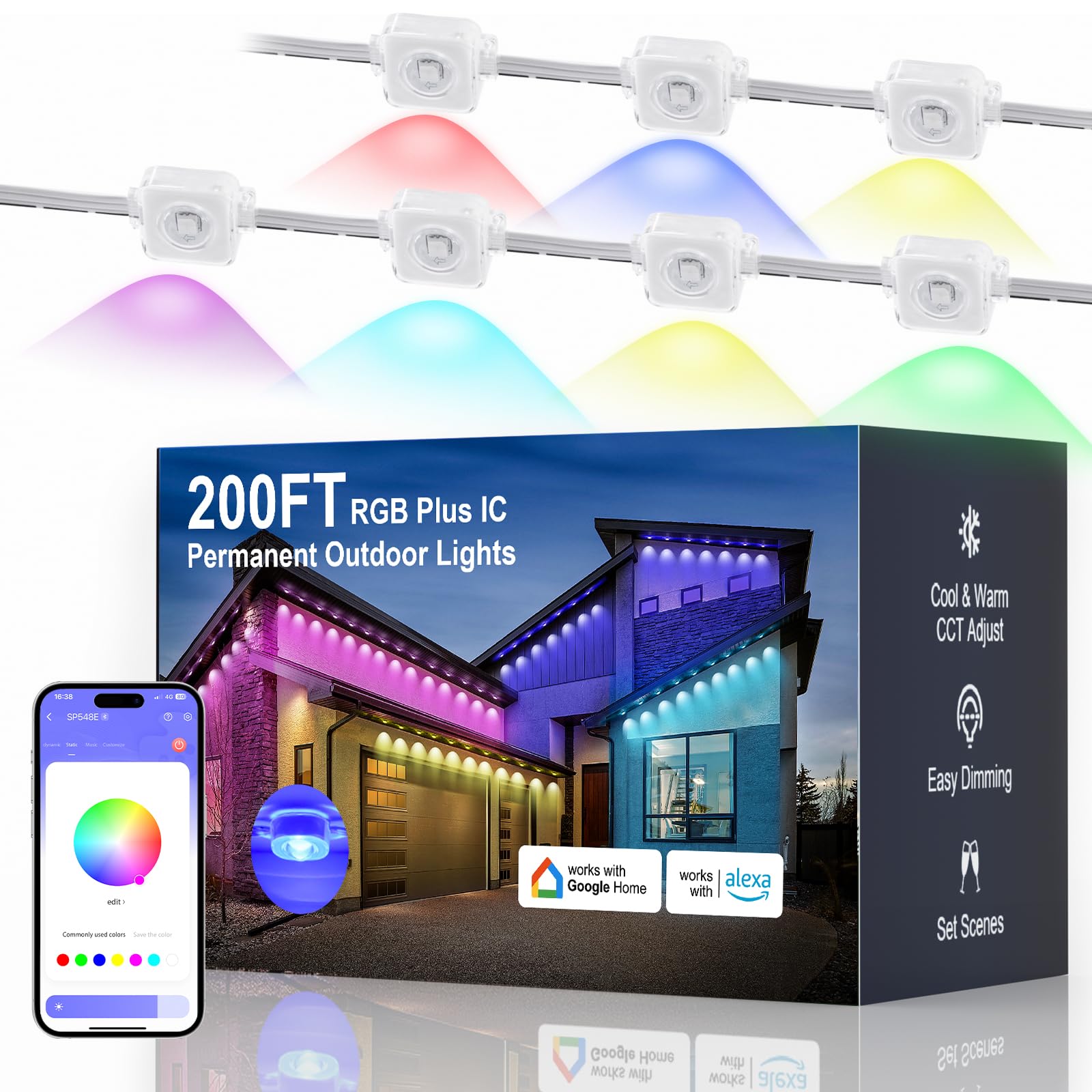 Fussion Permanent Outdoor Lights for House 200ft, IP68 Waterproof Outside Lights with 4 Control Methods, Smart RGB Plus IC Eaves