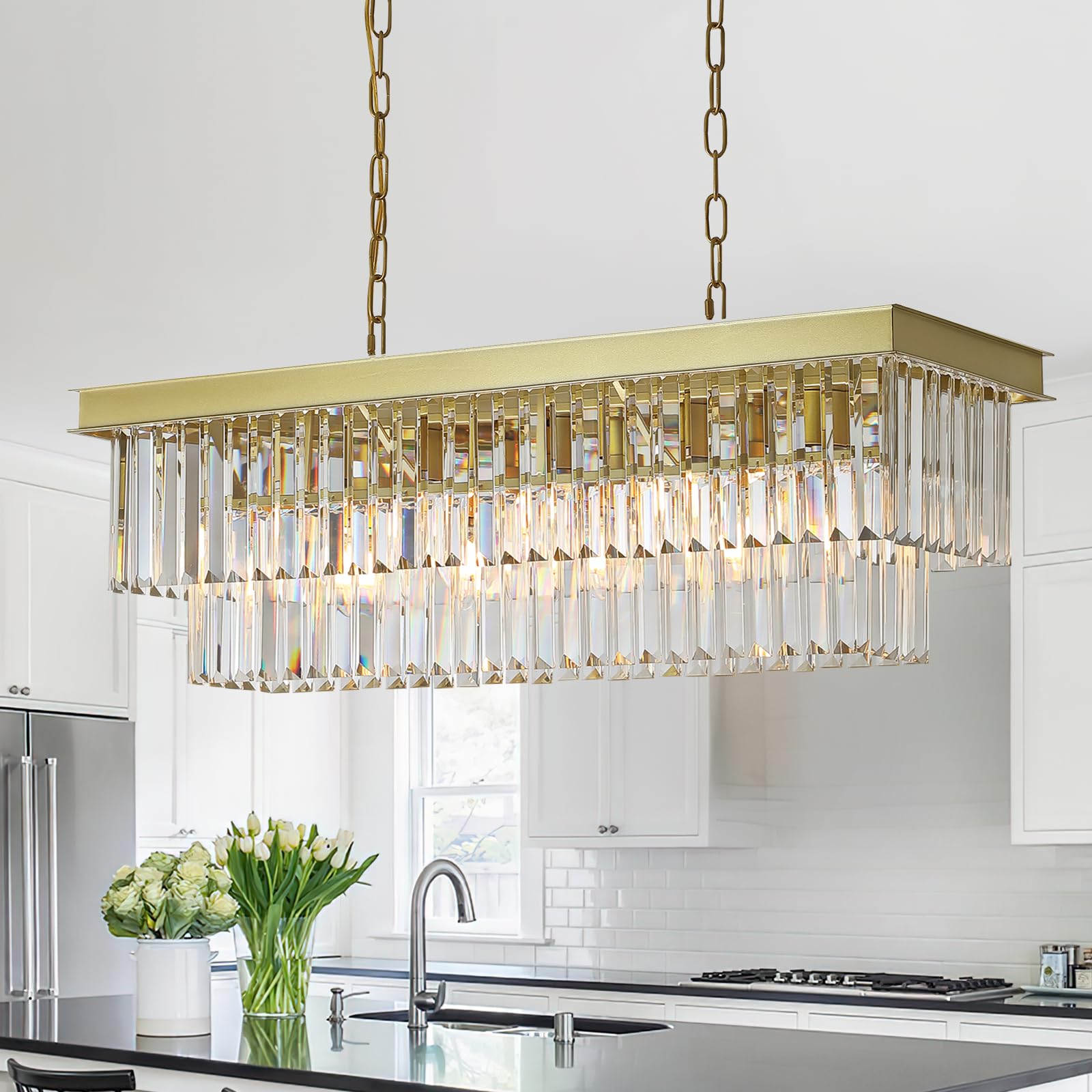 A Axilixi Rectangular Crystal Chandelier Gold For Dining Room Modern Chandelier Rectangle Linear Pendant Light Fixtures For Kitchen Island L33” K9 Luxury Long Chandelier For Living Room