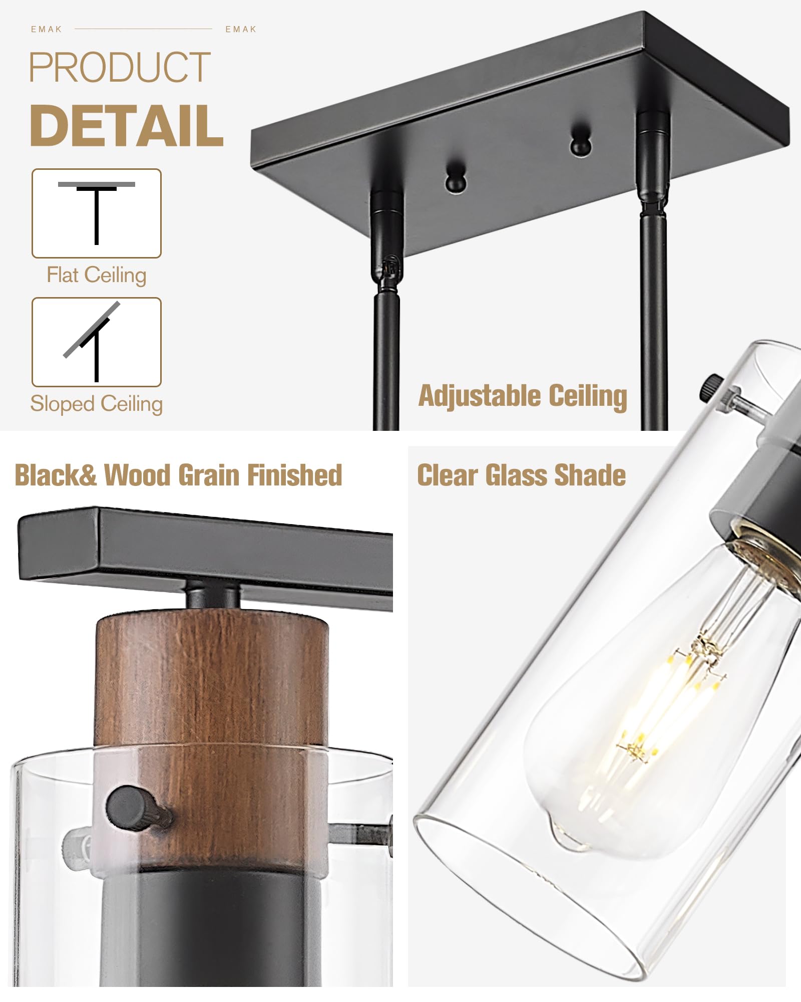 Emak 4-Light Kitchen Island Lighting, Black Dining Room Light Fixture With Clear Glass Shade, Wood Grain Painted, Modern Farmhou