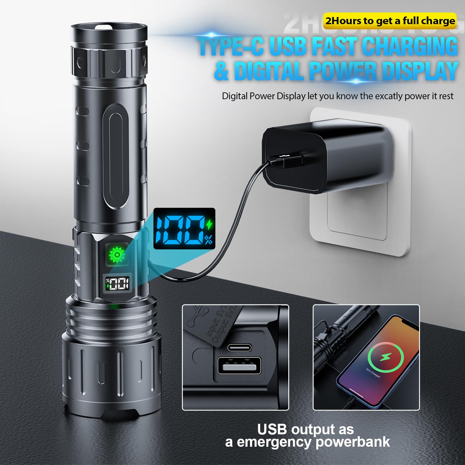 Hoxida K2302 Rechargeable Flashlight - 2000 Lumens, 1500m Beam, IPX5 Waterproof, 5 Modes, Aluminum, with Holster