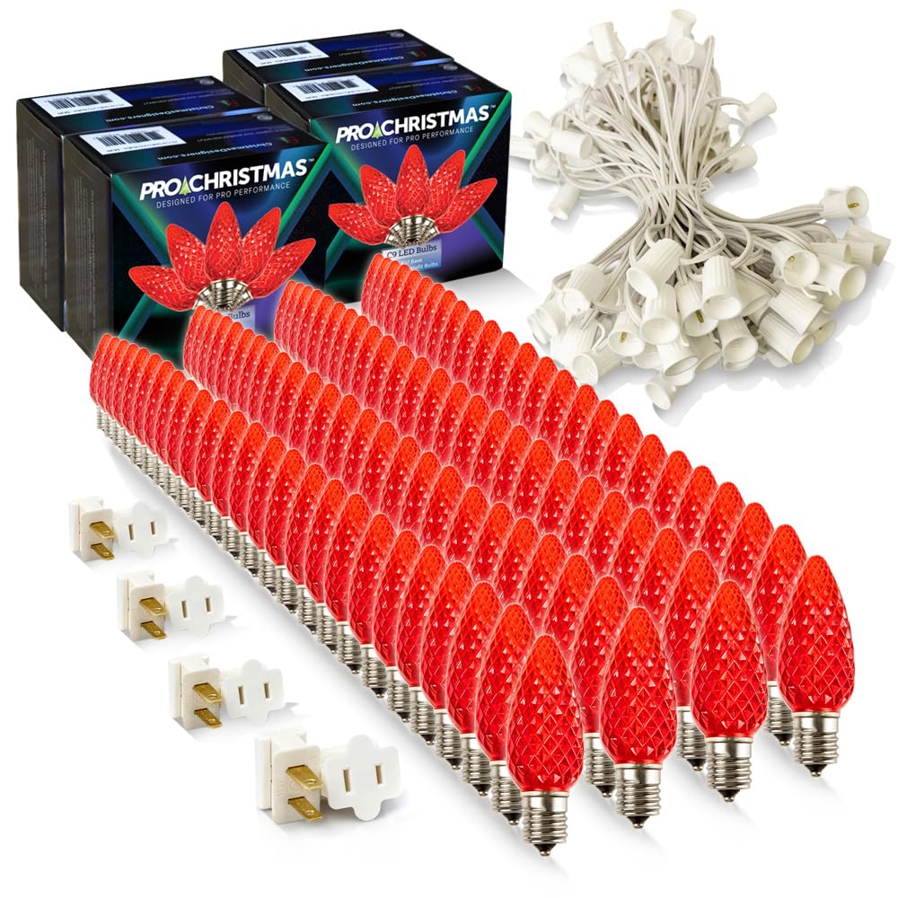 Pro Christmas C9 LED Christmas Light Kit for Rooflines & Pathways - DIY Cut to Length  Outdoor Commercial Grade (White Wire w/Vampire Plugs  100 Bulbs  100 ft) Red