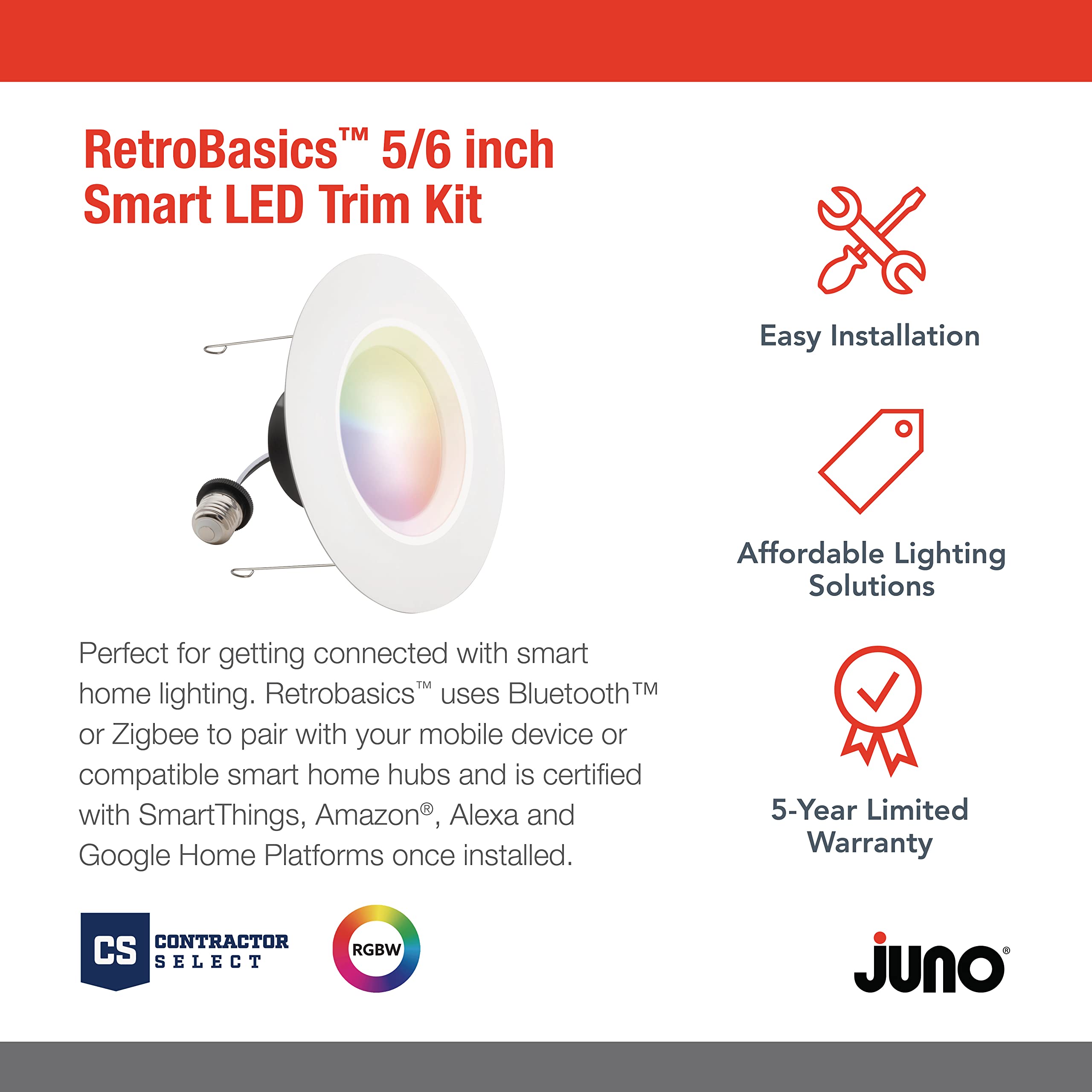 Juno RB56SC RGBW Smart LED Downlight, 5/6-Inch, Switchable 2700K-5000K, RGBW Color Changing, Matte White, 4-Pack