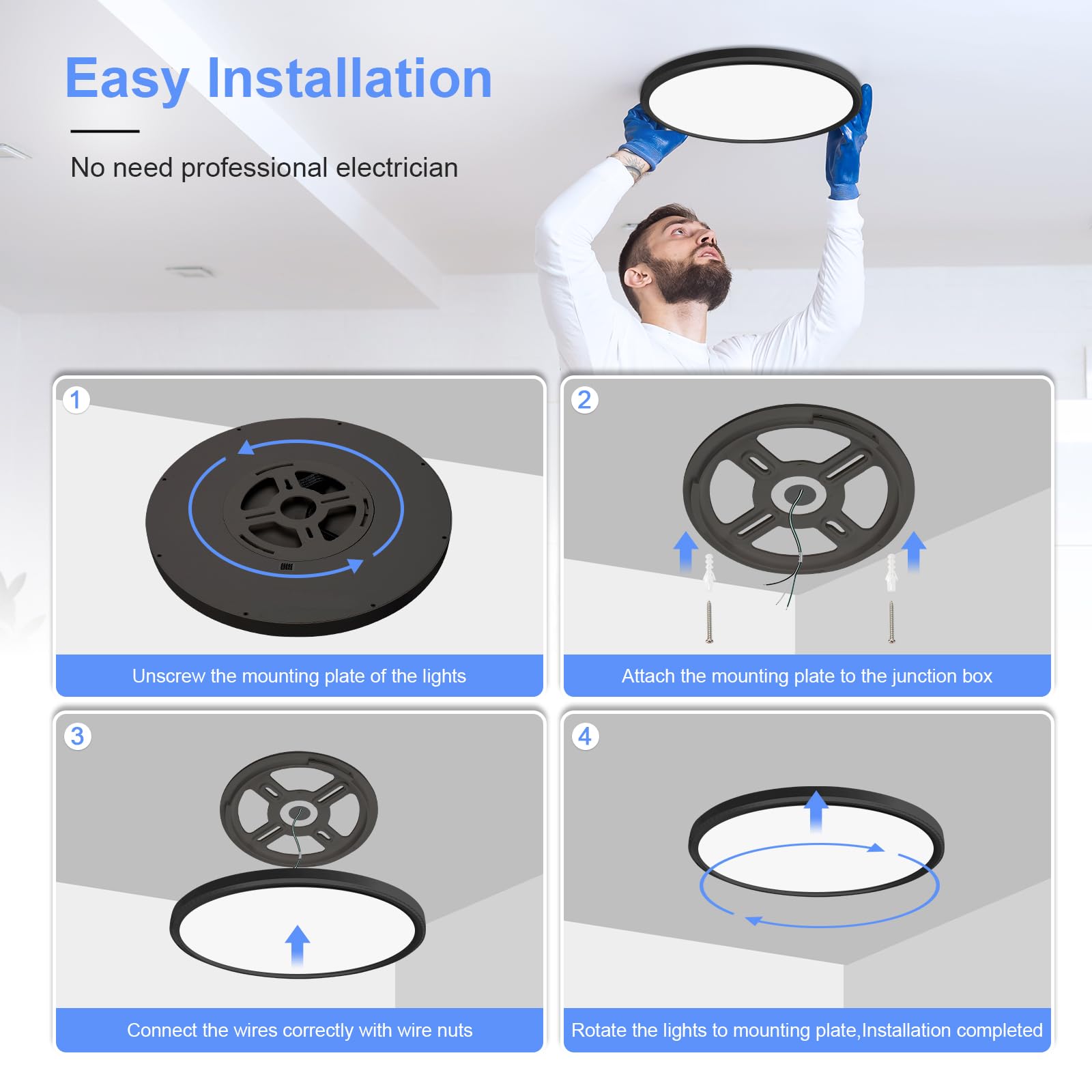 hunhun 16 Inch Dimmable LED Ceiling Light 4800LM Round Fixture 5 Color Temperatures Slim Black Model HH-TGXXD-16IN-1P-B