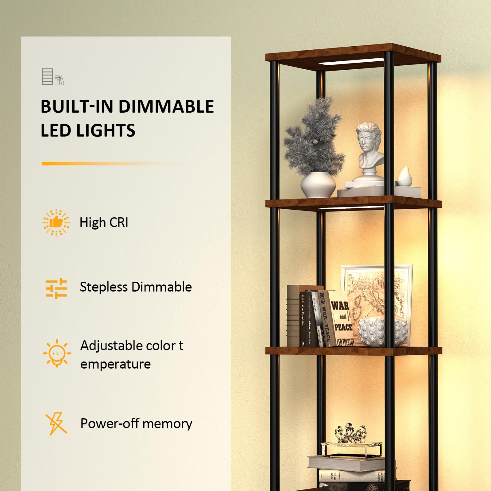 Caupel 5-Tier Display Corner Shelf With Dimmable Lights, 69.21 Inch Tall Bookshelf Storage Rack, Floor Lamp Display Shelves For