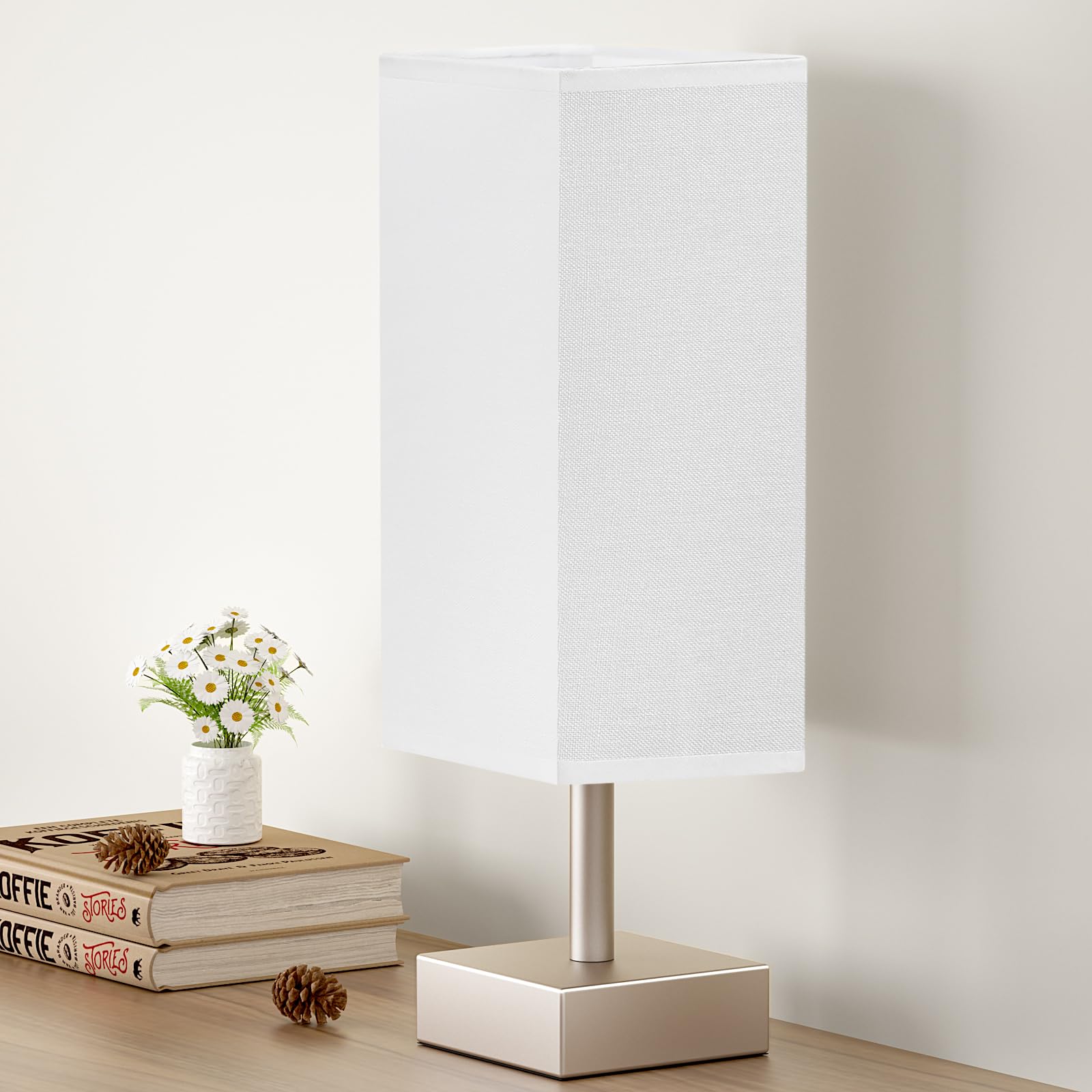 Aooshine Antique Small Table Lamp - Bedside Lamp For Bedroom, Minimalist Nightstand Lamp With Square Fabric Shade, Desk Lamp For