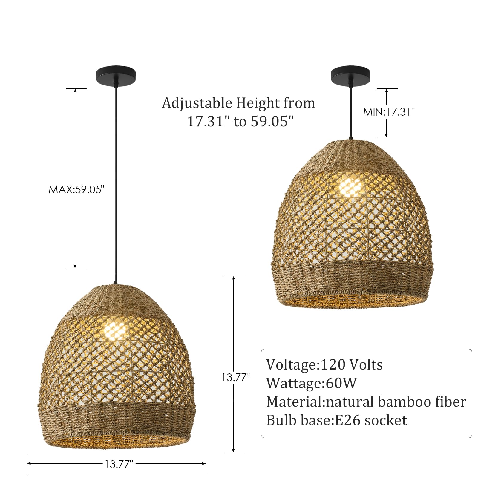 Teru Ji Kaikang Rattan Pendant Light 13.77" Rustic Wicker Chandelier Black Oval Rattan for Dining Living Bedroom Kitchen
