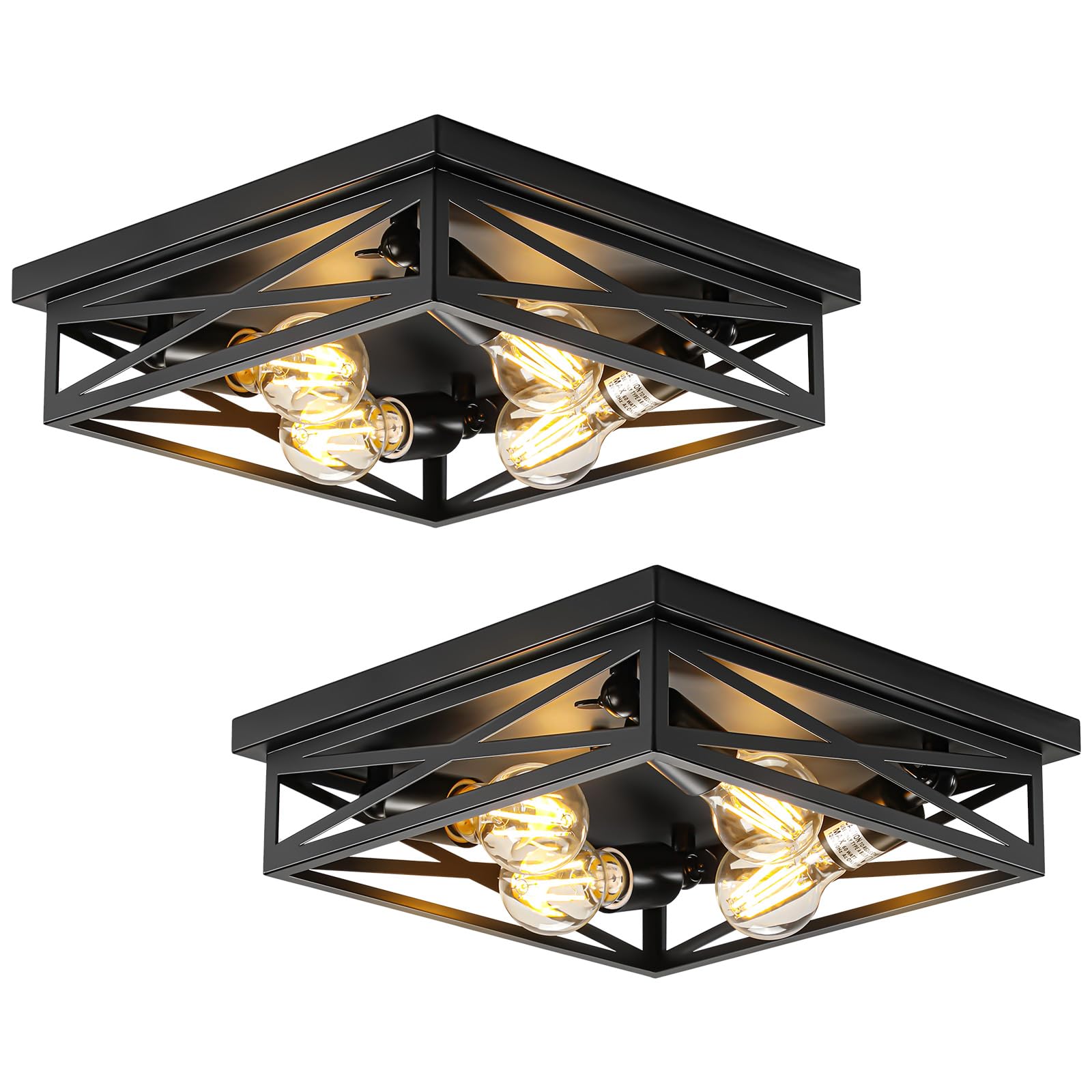2 Pack Flush Mount Ceiling Light Fixture, Black Hallway Light, Metal Cage Closed to Ceiling Mounted Lights, 4-light Farmhouse Fl