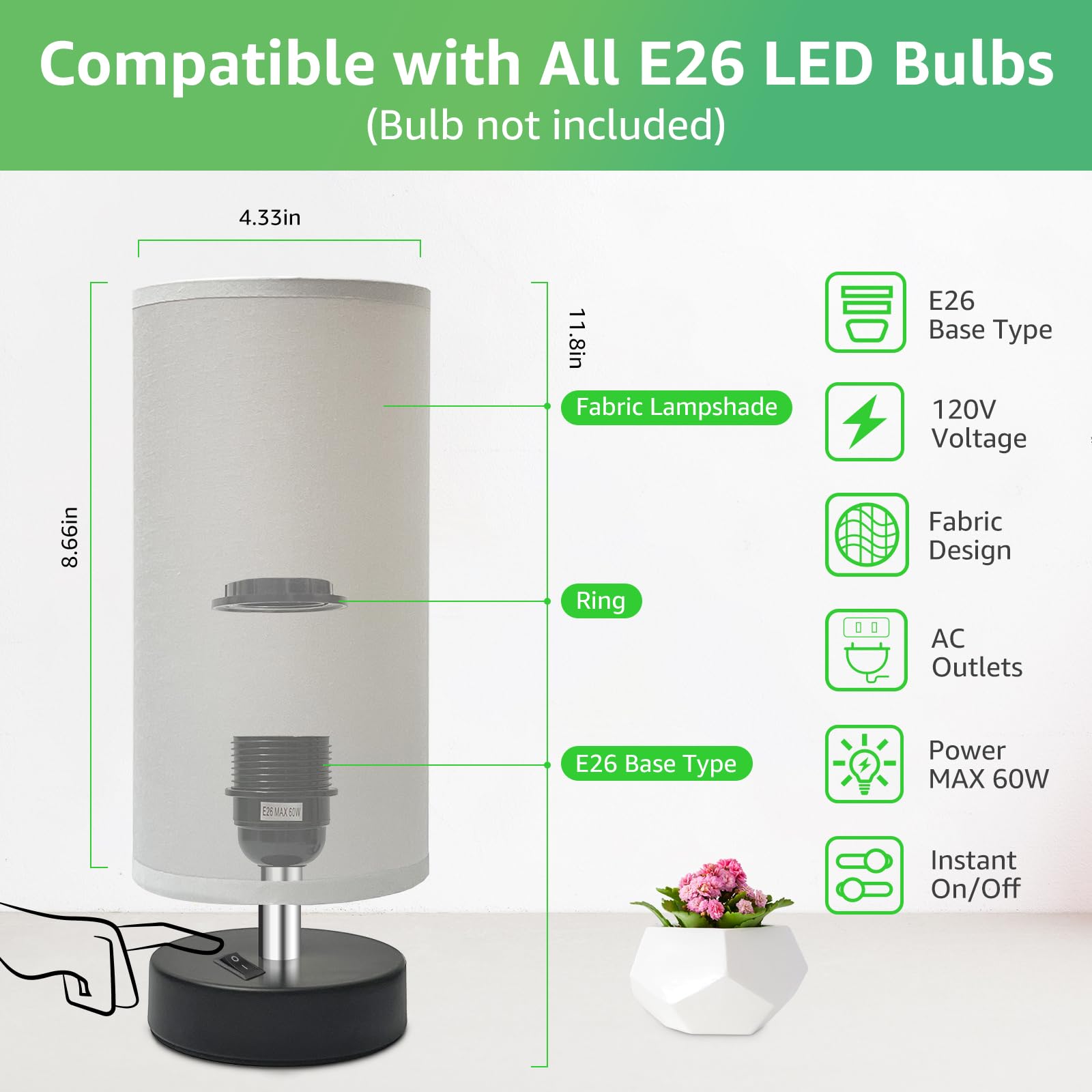 Degnju Small Lamp For Bedroom, Bedside Lamps For Night Stands, Mini Minimalist Table Lamp With Round Gray Fabric Shade, 11.4 Inc