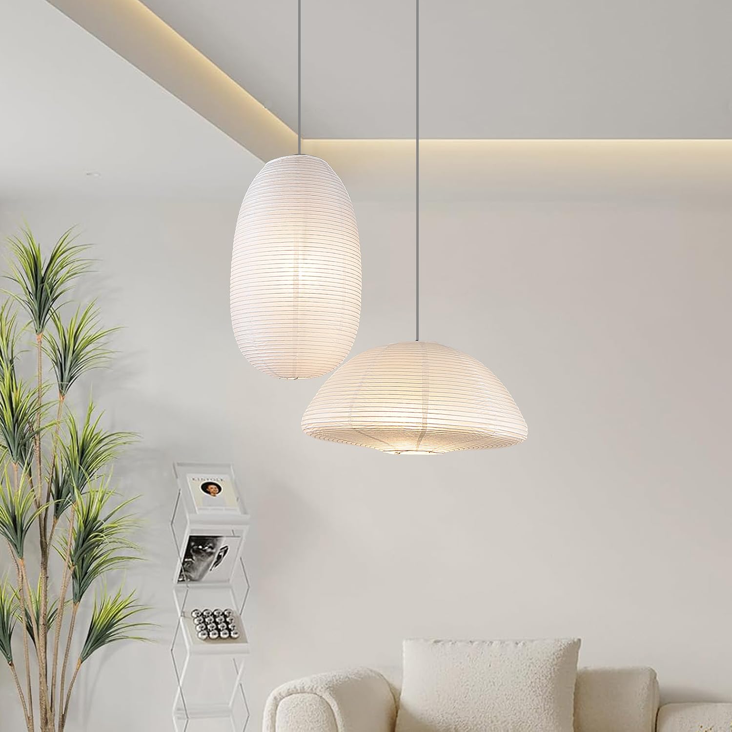 METHEDEECO White Paper Lanterns - 2PCS Large Hanging Shades, 19+21inch, Rice Paper, Semicircular & Elliptical Design, Perfect for Indoor Decor