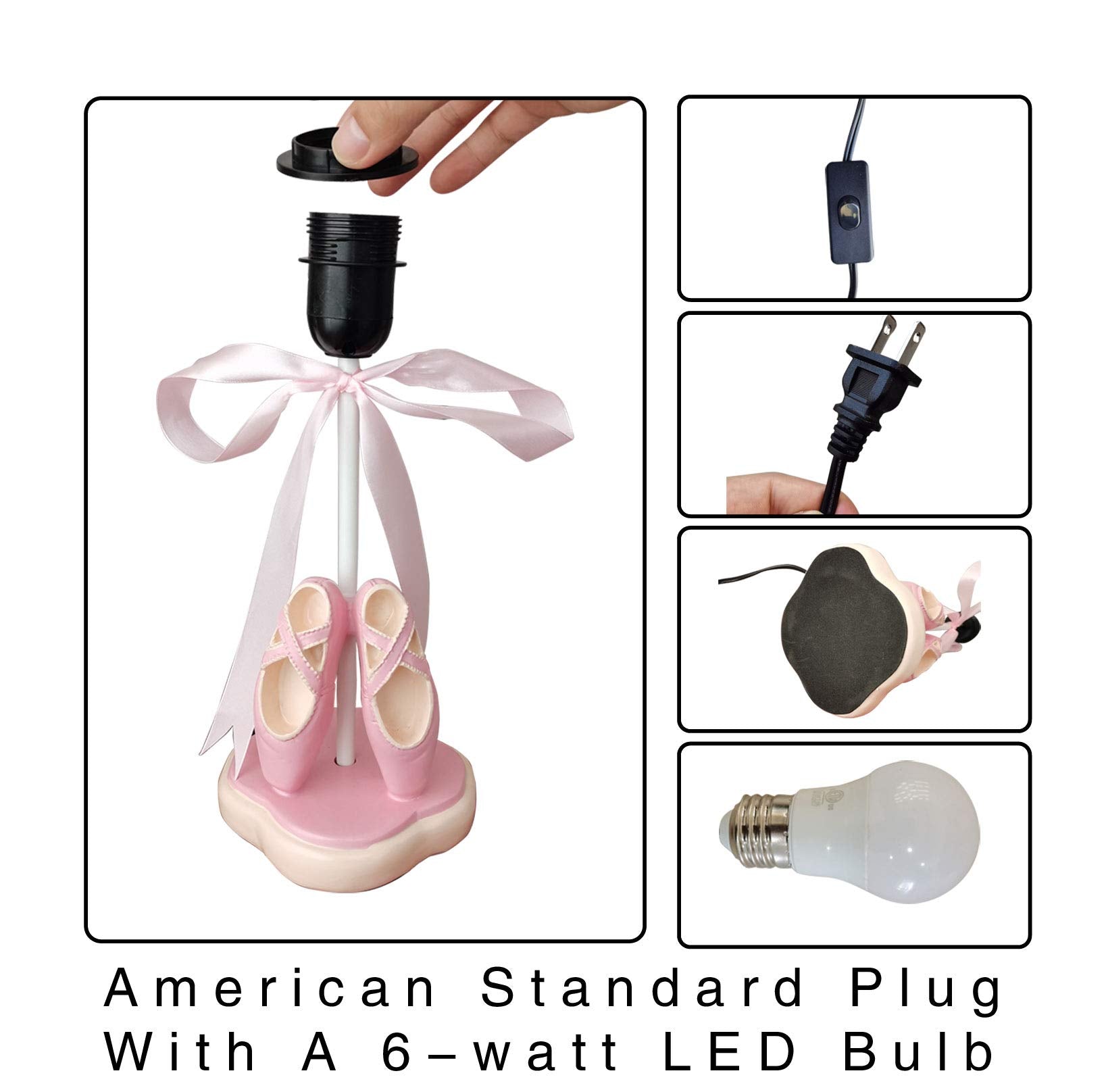 Cozylight Bedside Lamp, 14" Pink Dancing Shoes Design with Fabric Shade, E26 LED Bulb Included, Model CL99103