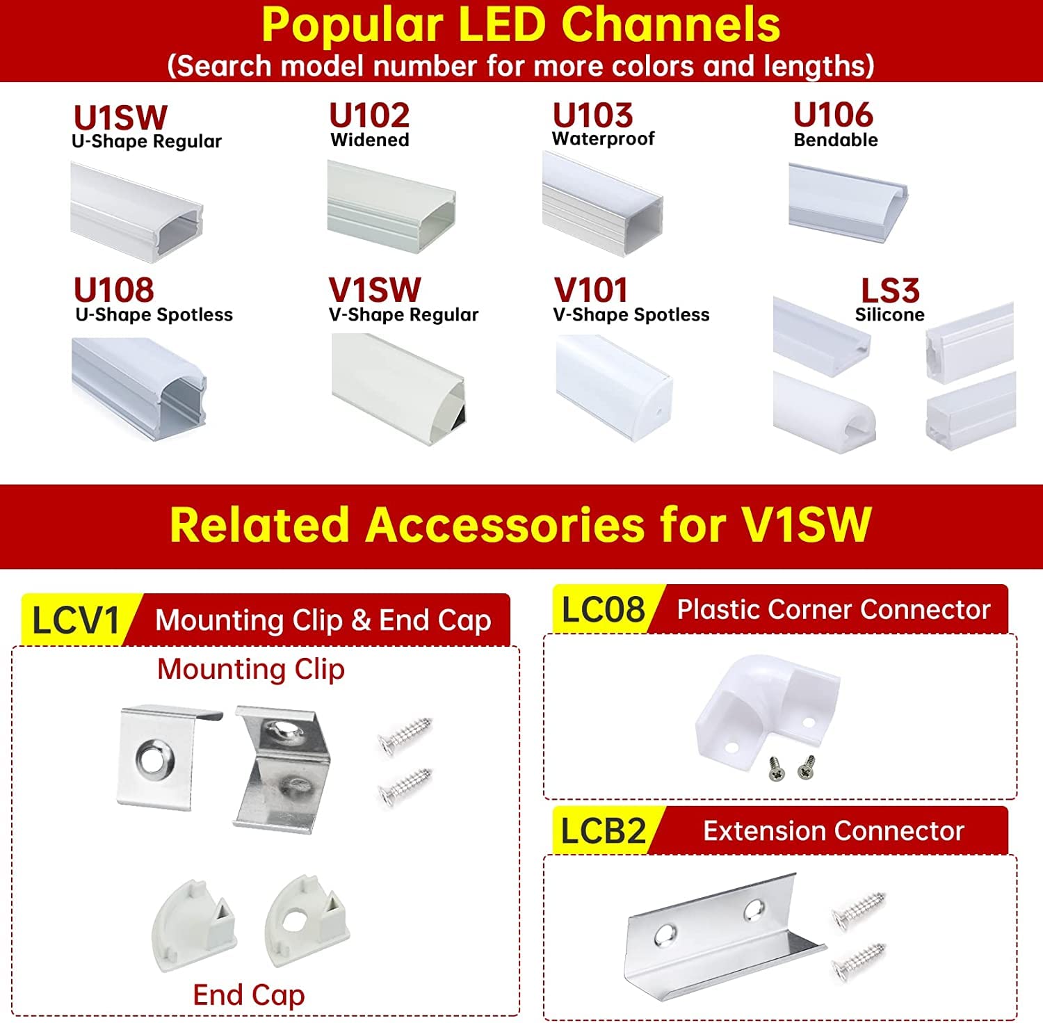 Muzata Extension Connectors for V-Shape LED Channel, Stainless Steel, Silver, Model LCB2, 20-Pack