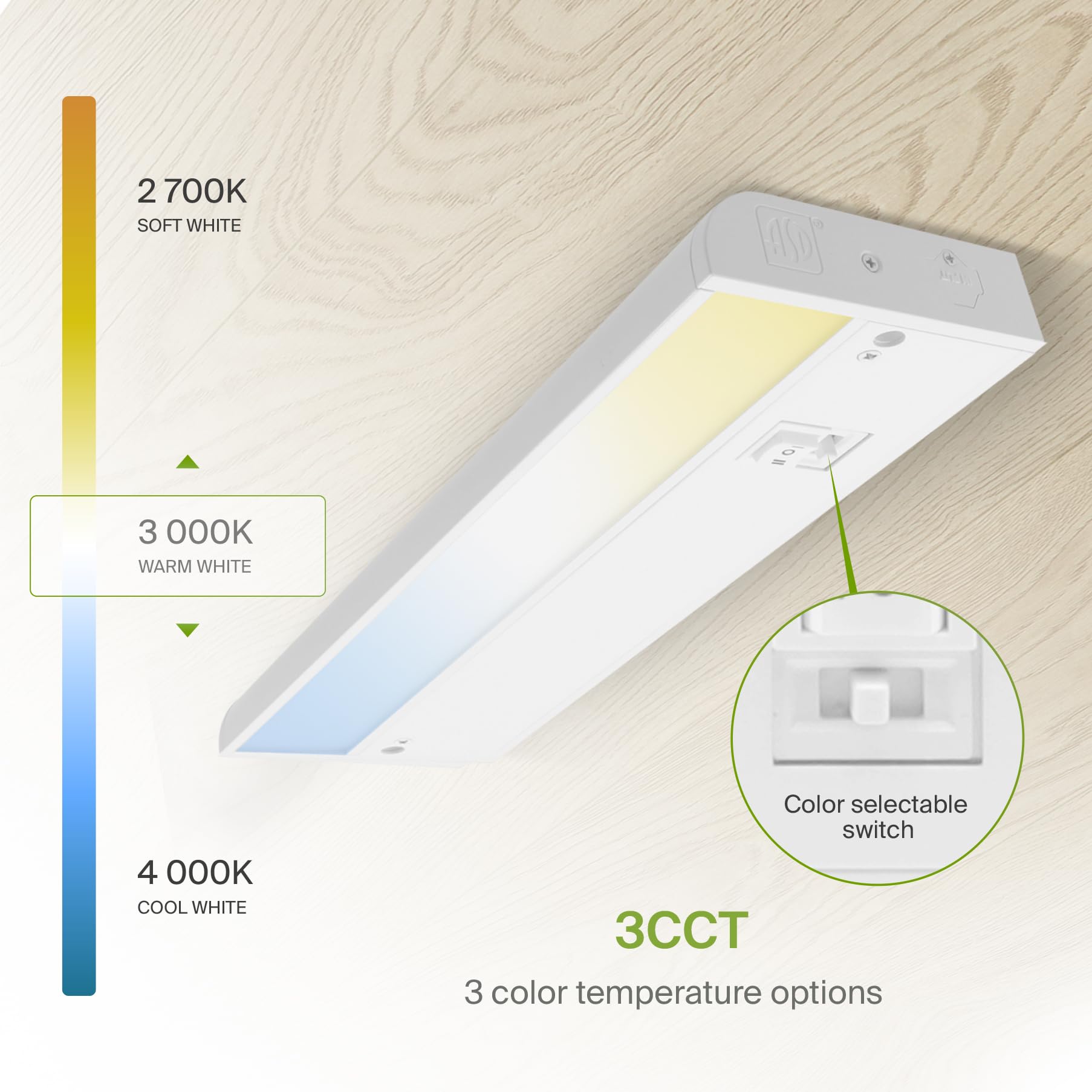 Asd Led Under Cabinet Lighting, 9 Inch, Dimmable, Hardwired/Plug-In, 3 Color Levels, Aluminum, White Finish, Model A-Ucl-9D3Cc-W