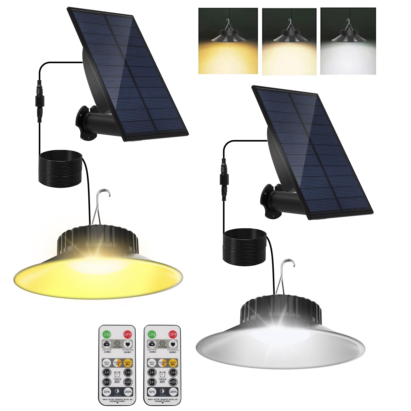 TSUNESLUX 2 Pack Solar Shed Light Outdoor Indoor, Solar Powered Pendant Light with Remote 3000K/4000K/6000K, IP65 Waterproof for