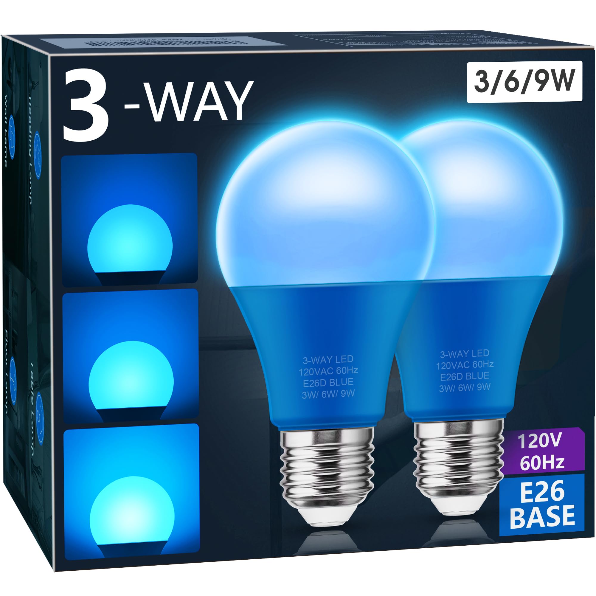 Briignite 3 Way Blue Led Light Bulbs, E26 Medium Base, 30/70/100W Equivalent, 2