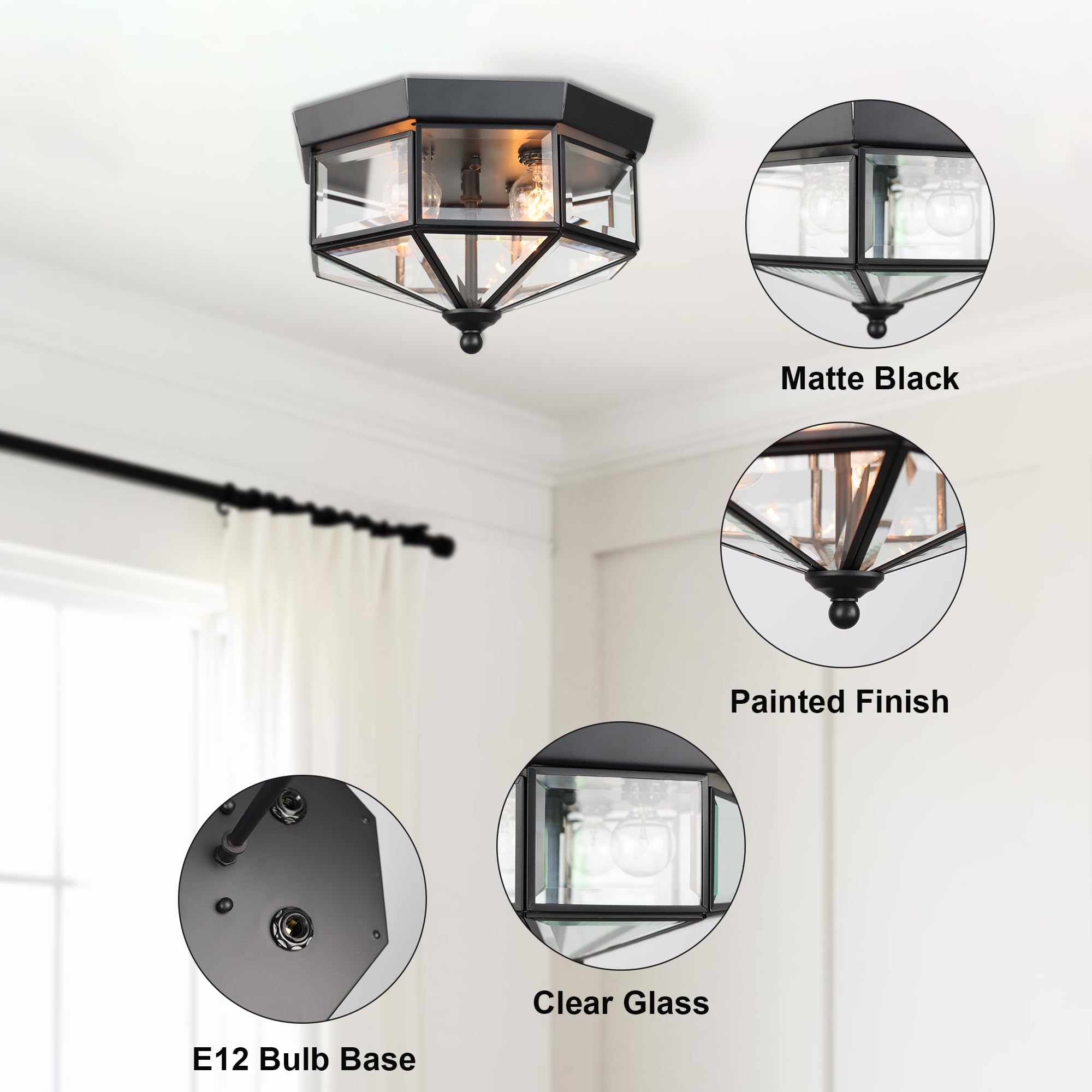 Flush Mount Outdoor Ceiling Light Fixture  4 Light Exterior Porch Ceiling Lights With Clear Glass  Black Farmhouse Lighting For Indoor Hallway Kitchen Stairway (E12 Base)