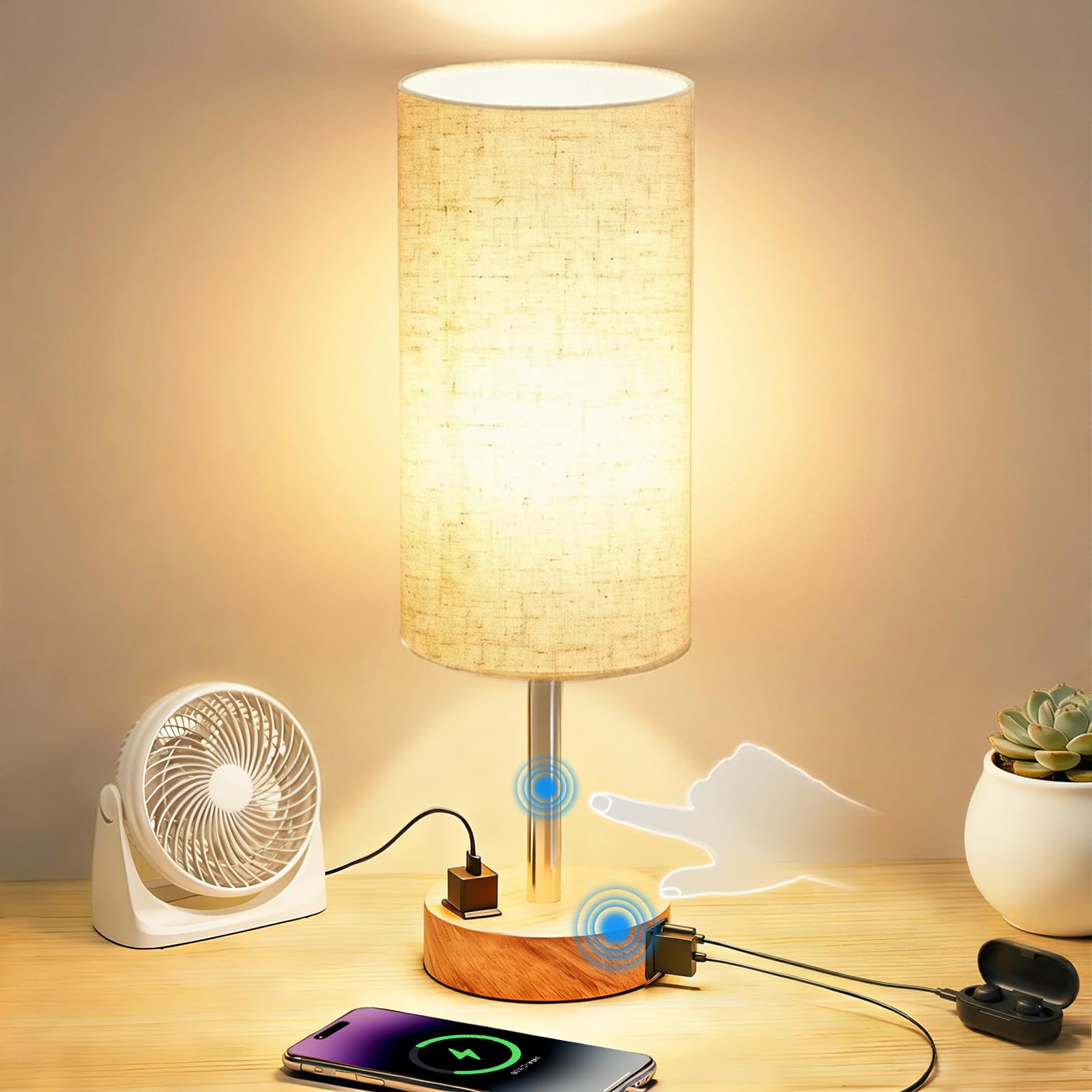 Fitfull Table Lamp for Nightstand  High-Sensitivity Touch  3-Level Dimmable Bedside Lamp with AC Outlet | USB | and USB-C  Ideal Night Stand Lamp for Bedroom  Reading  Living Room(Warm&Wooden)