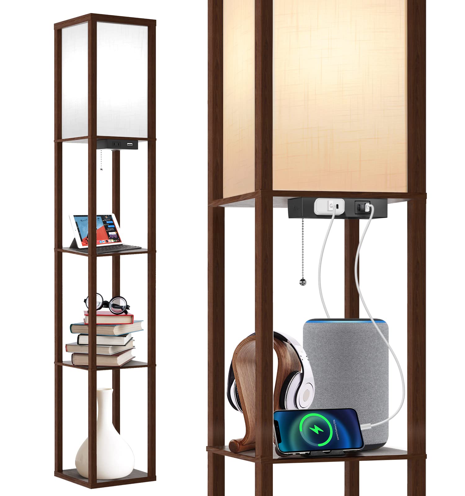 Outon Floor Lamp With Shelves, Led Modern Shelf Floor Lamp With 2 Usb Ports & Power Outlet, 3 Color Temperature, Storage Display Wood Column Standing Tall Lamp For Living Room, Bedroom, Office, Walnut