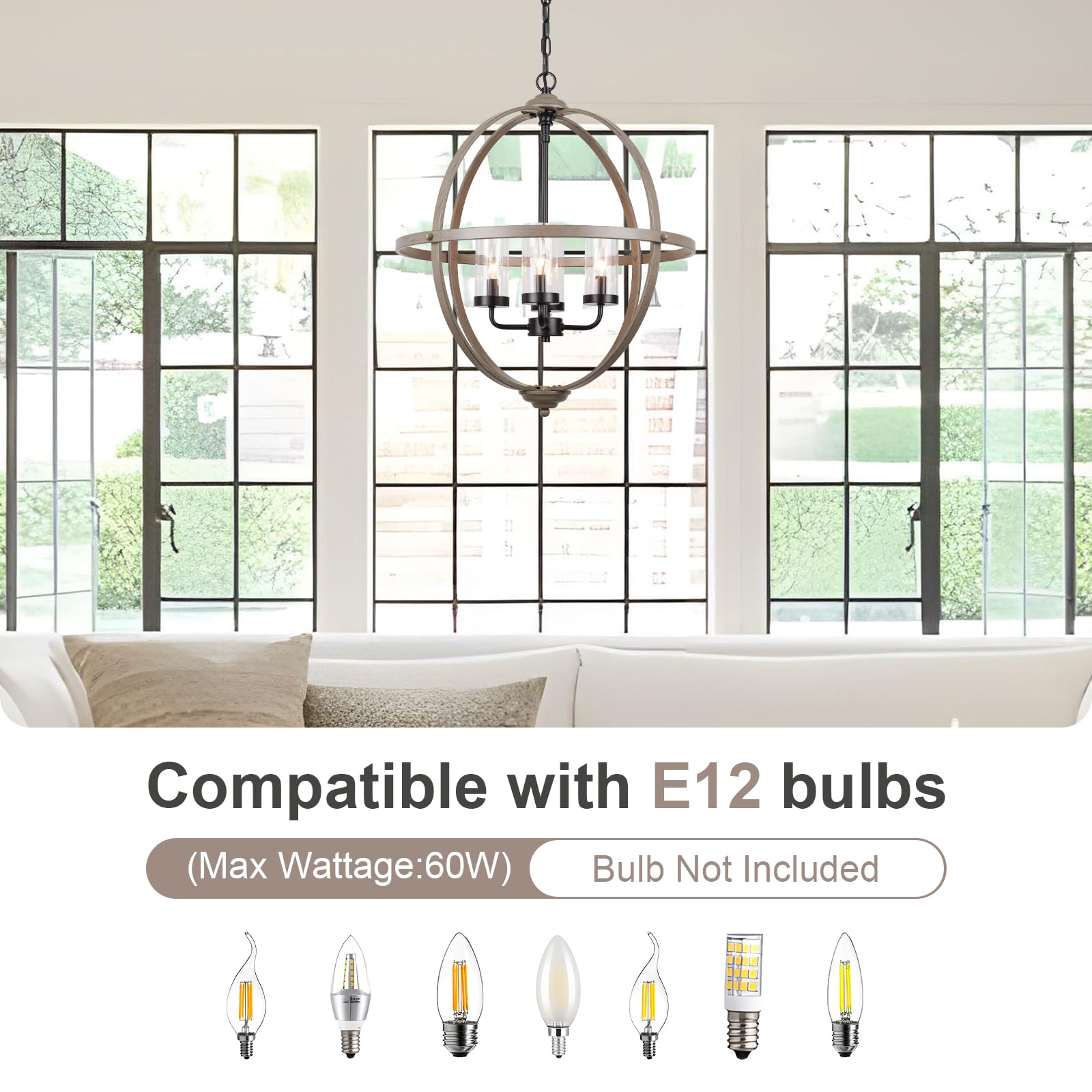 Treekee Farmhouse Chandelier, 4-Light Iron Globe Sphere, 17in Wood Finish for Dining Room, Entryway, Kitchen Island