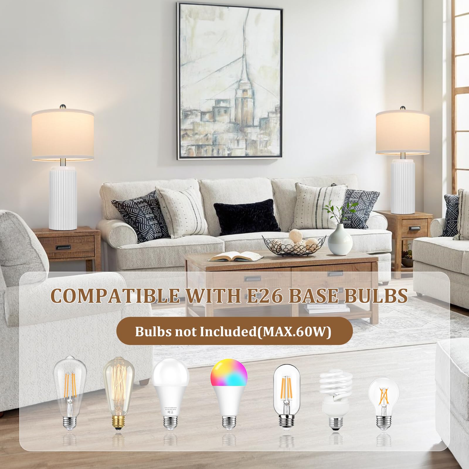 Tobusa 23.5 Modern White Ceramic Lamps Set Of 2, Living Room Retro Side Table Lamps, Farmhouse Bedside Nightstand White Lamps Fo