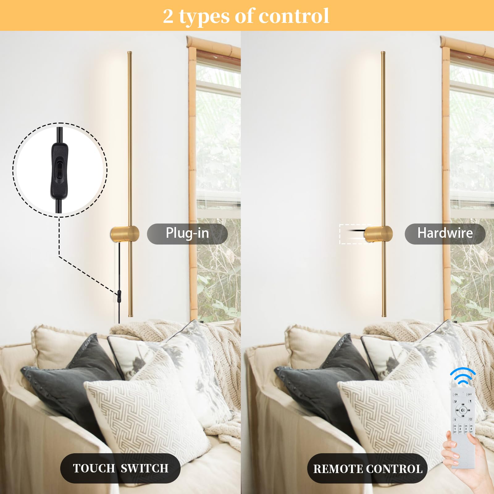 KELUOLY Dimmable Wall Sconce Set of 2, 39.37" LED Light, Gold, Remote Control, Adjustable Brightness for Living Room & Bedroom