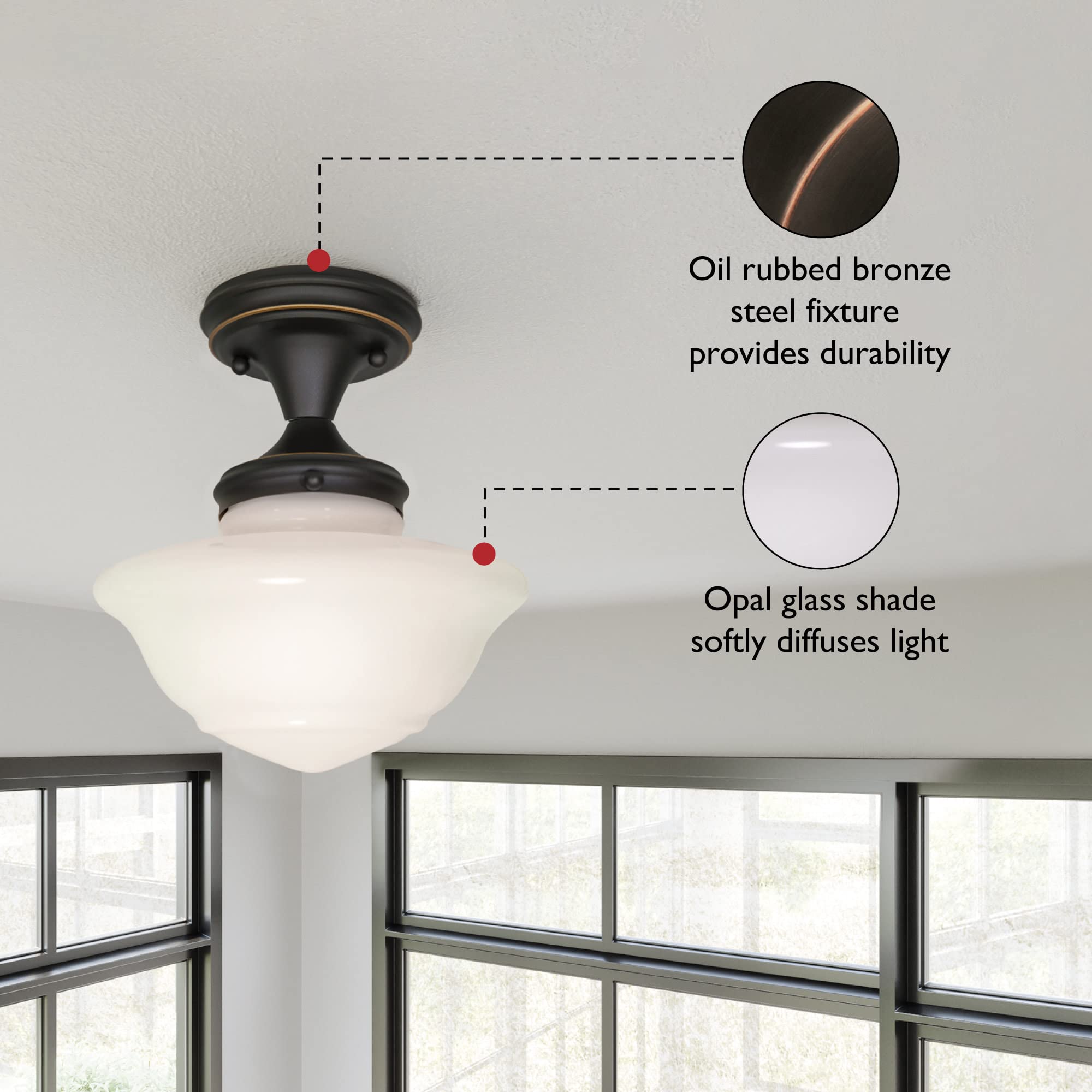 Design House 577502 Semi Flush Mount Ceiling Light, 1-Light, Oil Rubbed Bronze, Stainless Steel, Dimmable, for Entryway, Kitchen, Dining