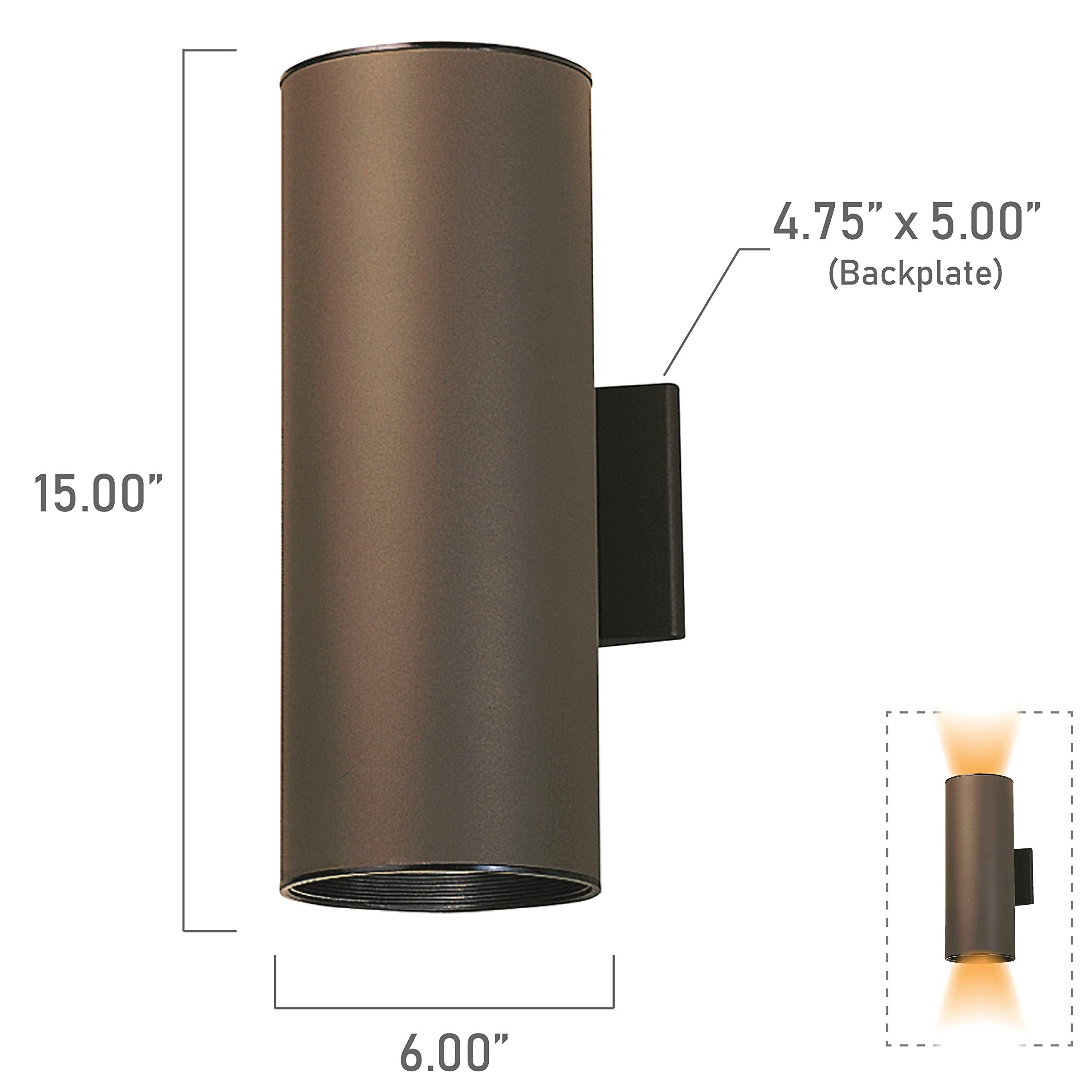 Kichler 2-Light Outdoor Cylinder Wall Sconce, 15in H x 5.75in W, Architectural Bronze, Aluminum, Model 9246AZ