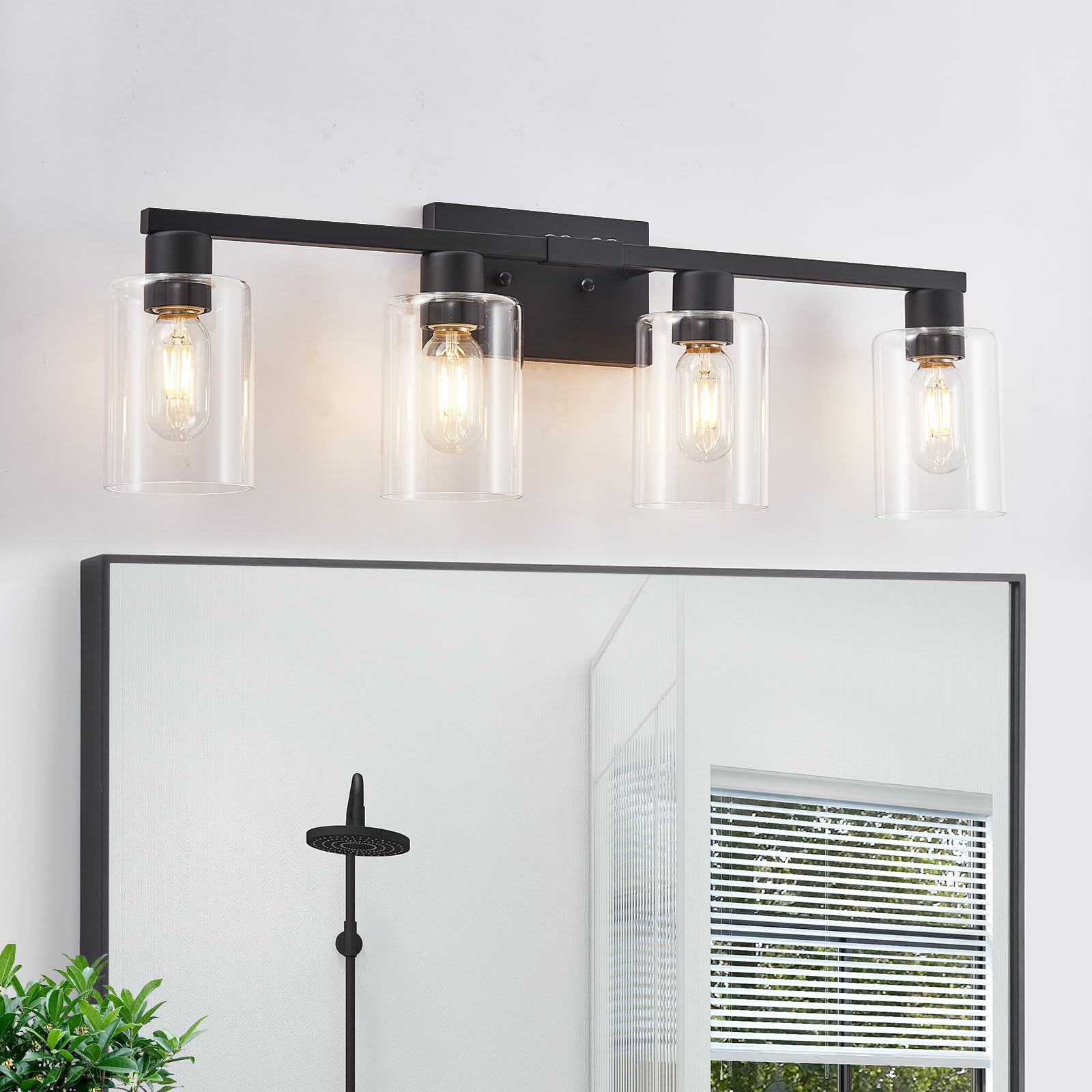 Sopeas 4 Light Bathroom Vanity Light Fixtures  Black Farmhouse Bathroom Vanity Light With Clear Glass Shade  Bathroom Lighting Fixtures Over Mirror  Vanity Lights For Bathroom Mirror
