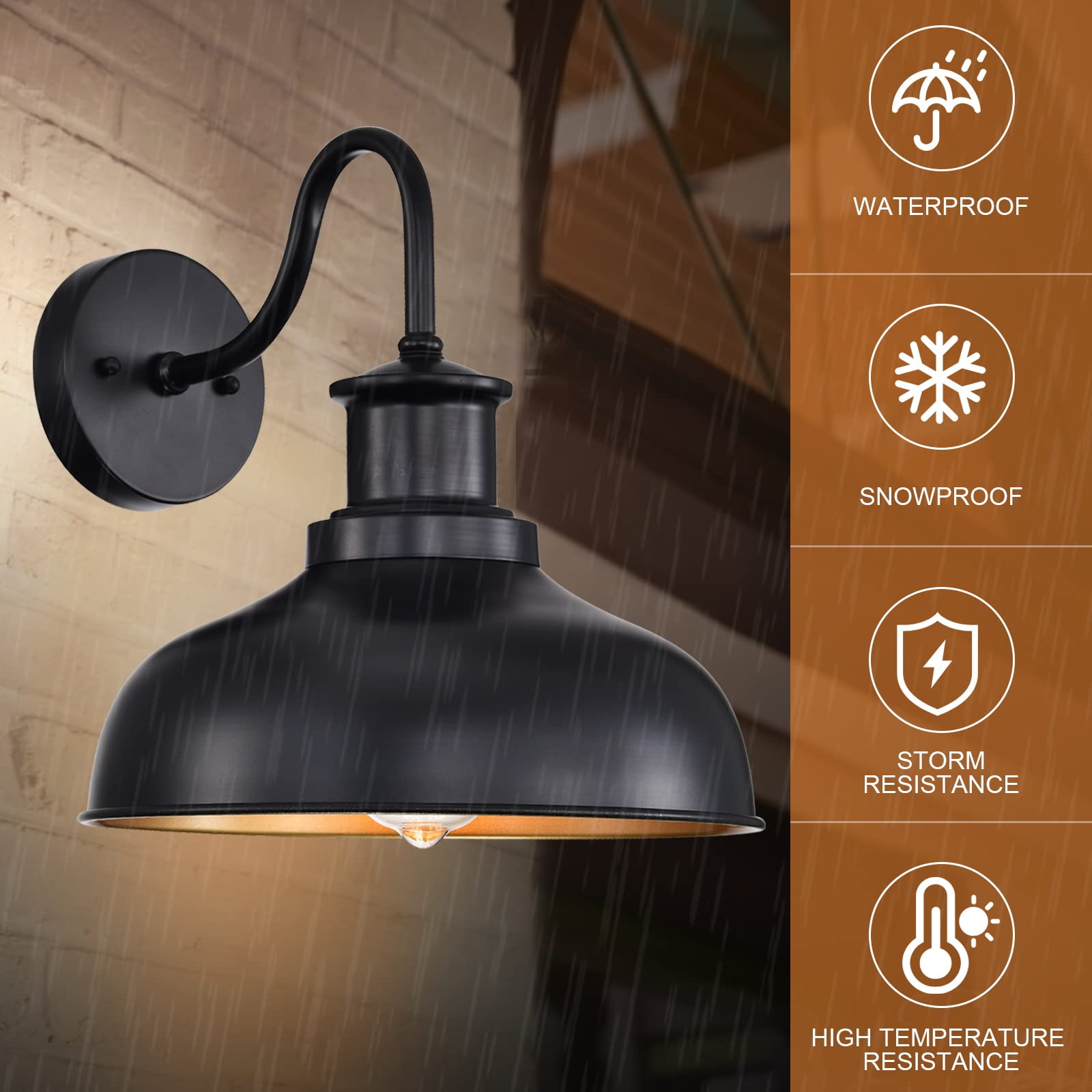 Diyel Gooseneck Barn Light - Vintage Outdoor Wall Sconce, Black Iron, 2 Pack, Ideal for Porch, Entryway, Garage