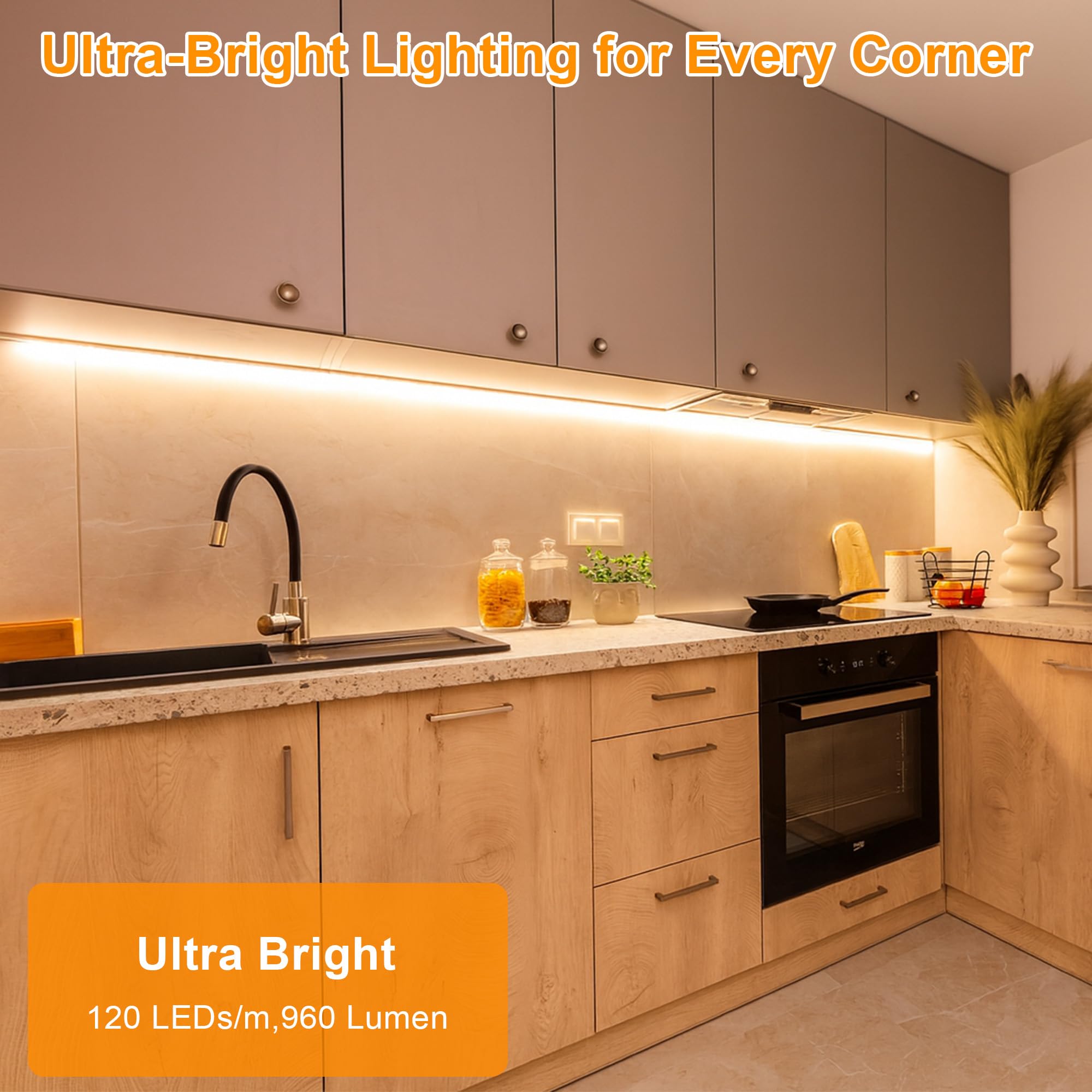 maylit Under Cabinet LED Strip Lighting 24in, Warm White 2700K, PCB+LED, Plug-in Light Bar for Kitchen, Desk, Closet, Indoor Use