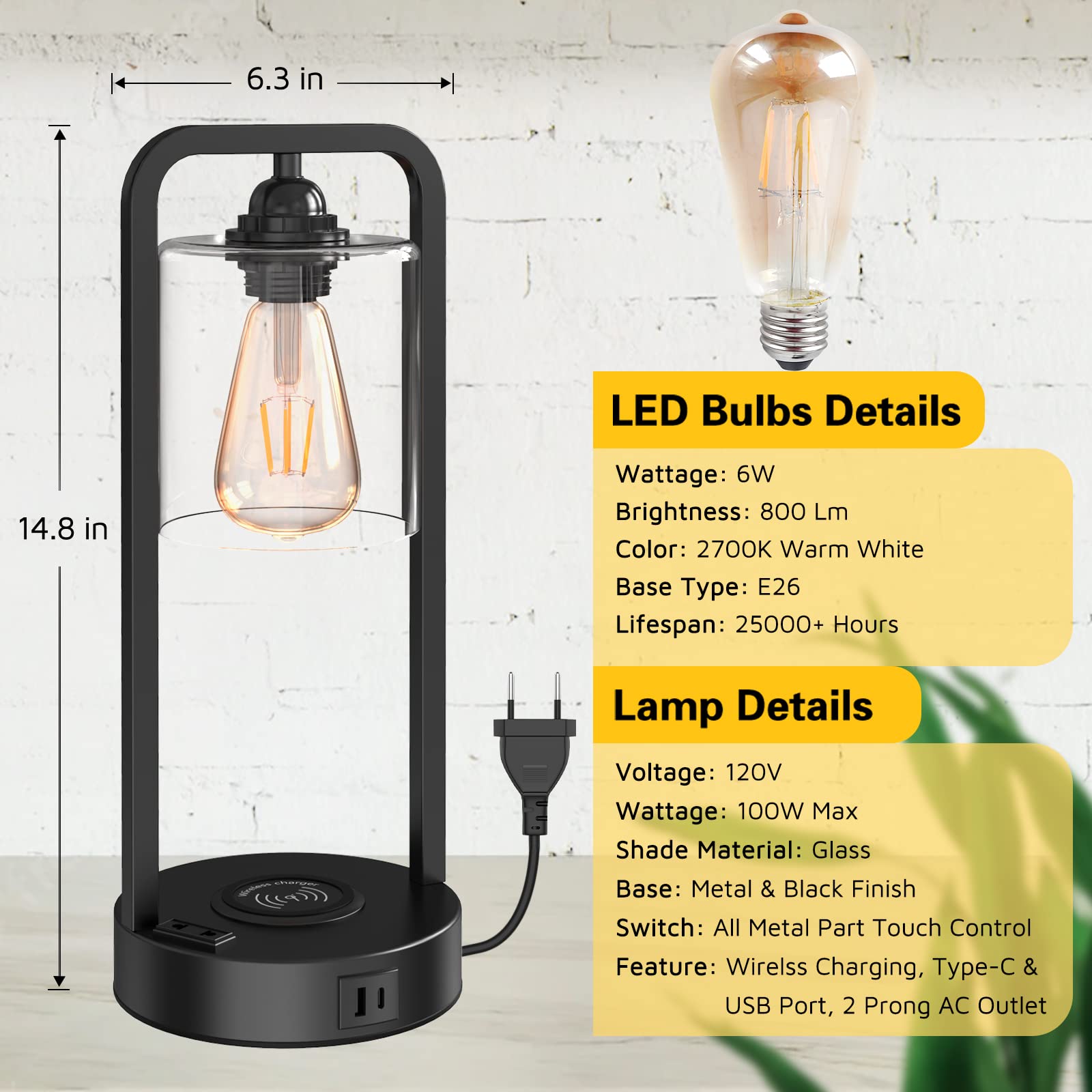 Wireless Charging Table Lamp For Bedroom Set Of 2, Touch Control Dimmable With Type C Usb Ports & Ac Outlet Bedside Nightstand Lamp, Glass Shade Industrial Desk Lamp For Home Office, Bulbs Included