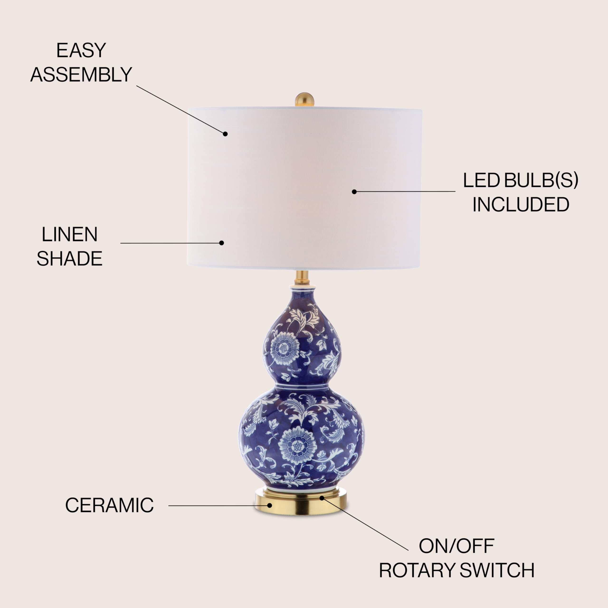 Jonathan Y Ceramic Chinoiserie Led Table Lamp, 27 Blue/White, Model Jyl3003A For Bedroom, Living Room, Office, Led Bulb Included