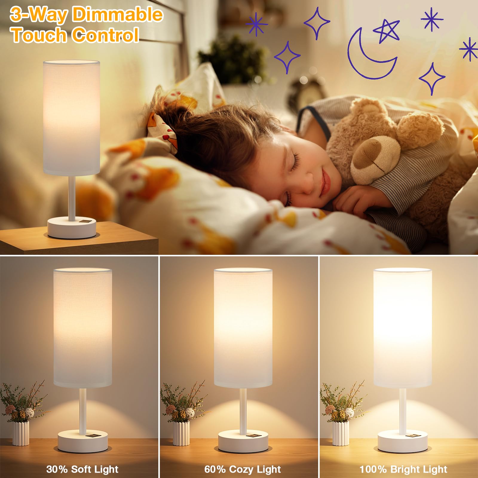 White Touch Bedside Lamp For Bedroom - 3 Way Dimmable Table Lamp With Usb, Nightstand Lamp With White Charging Station For Desk