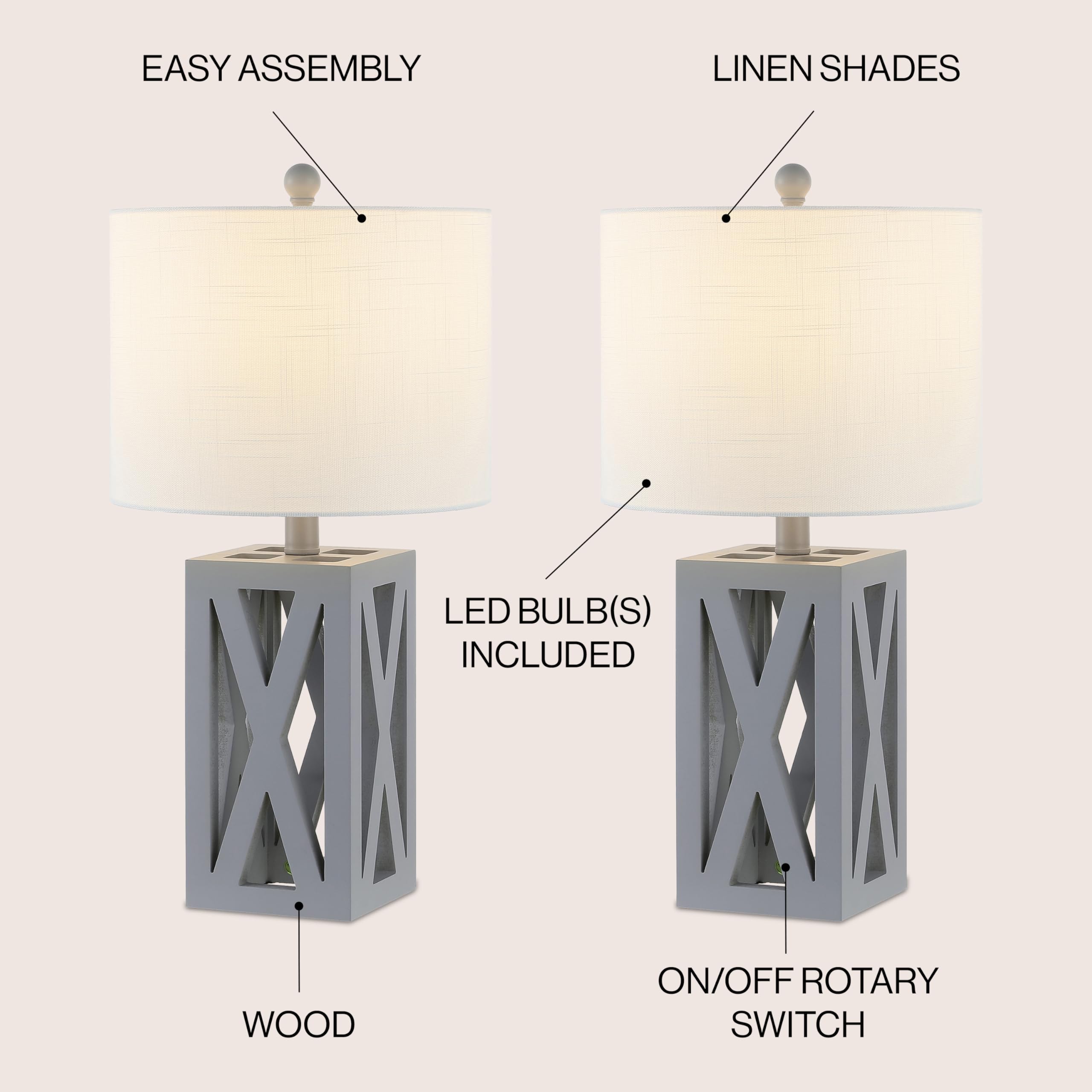 JONATHAN Y Wood LED Table Lamp Set of 2, Black, Model JYL1062C-SET2, Farmhouse Rustic Design for Bedroom, Living Room, Office