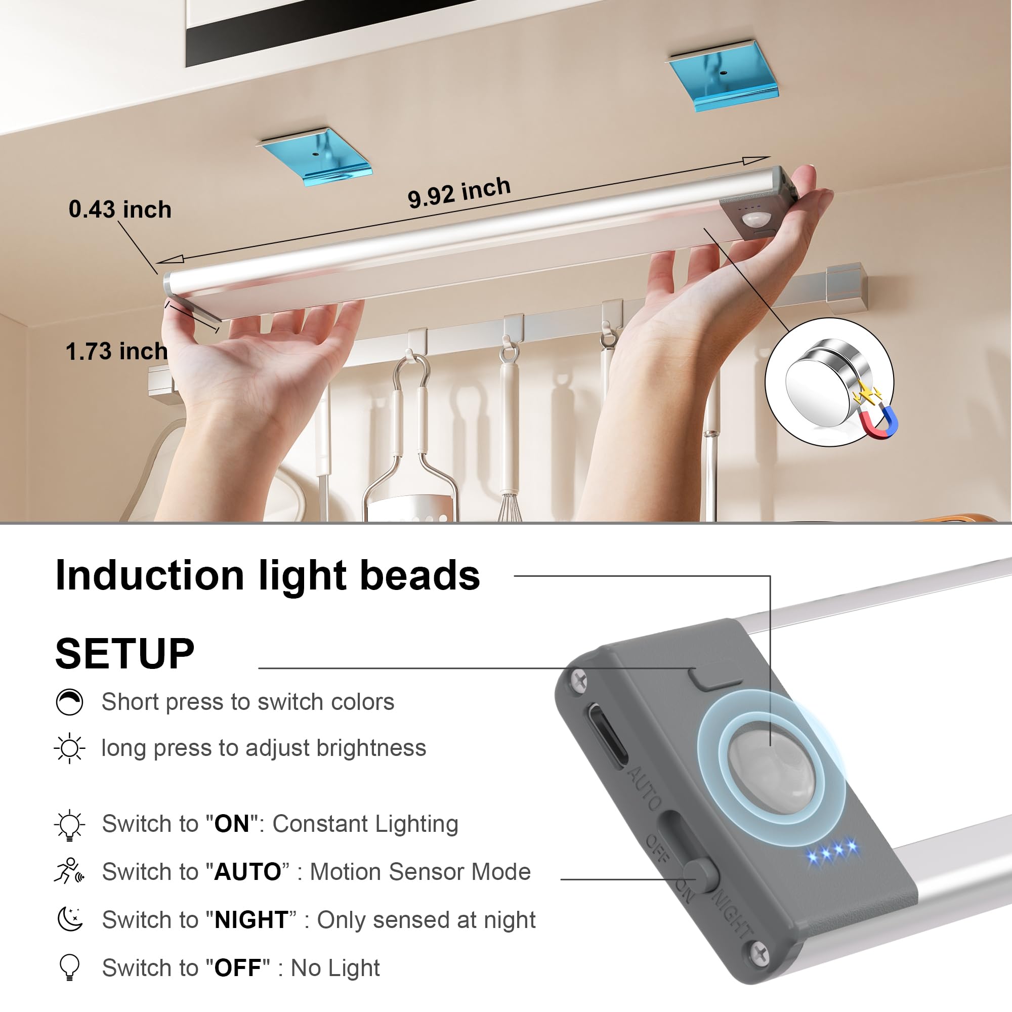 LIGHTULIFE 2PCS RV Step Light, Motion Sensor, 46 LED, Adjustable 3 Colors, USB Rechargeable, White, Model DI046