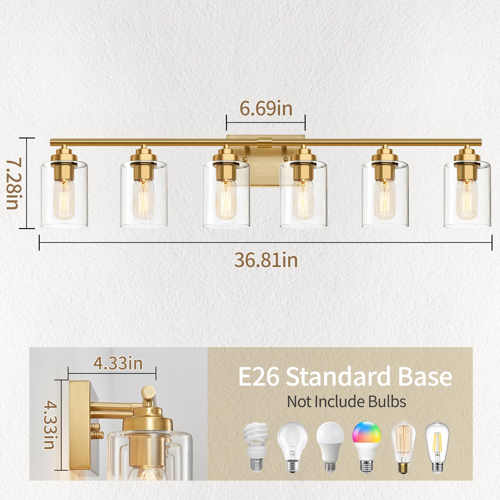 Bathroom Vanity Light Over Mirror,Vanity Light For Bathroom,Bathroom Light Fixture Wall Sconce Lighting For Bedroom,Living Room (Gold, 6-Light)