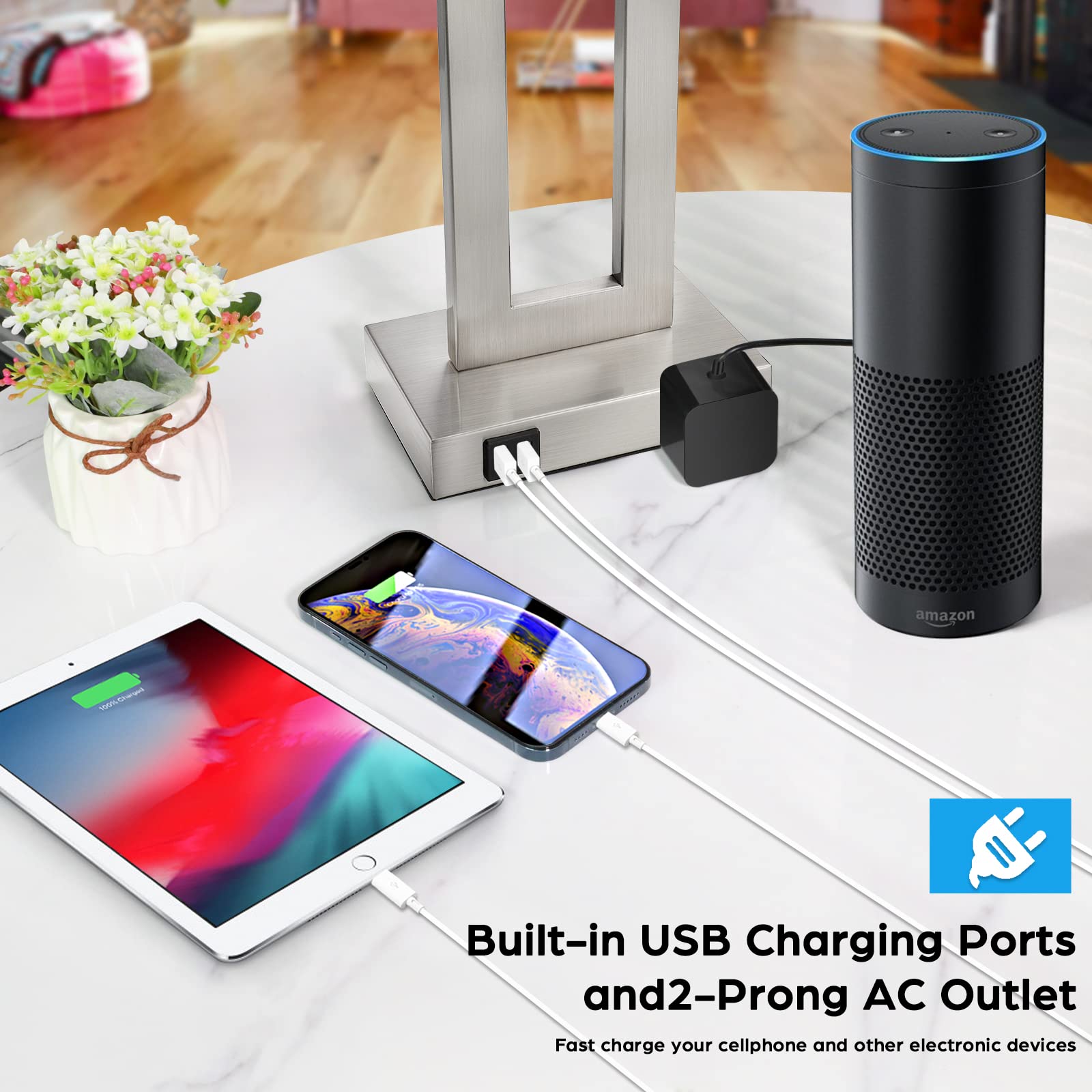 22'' Tall Table Lamps For Bedroom Set Of 2, Silver Bedside Touch Control Lamp With 2 Usb Ports&Ac Outlet, Modern Living Room Tab