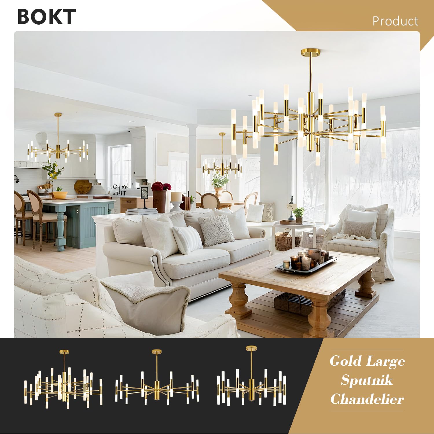 Bokt Modern Chandelier 20-Lights Led Sputnik Chandelier Mid Century Pendant Light Acrylic White Shades Gold Semi Flush Mount Cei
