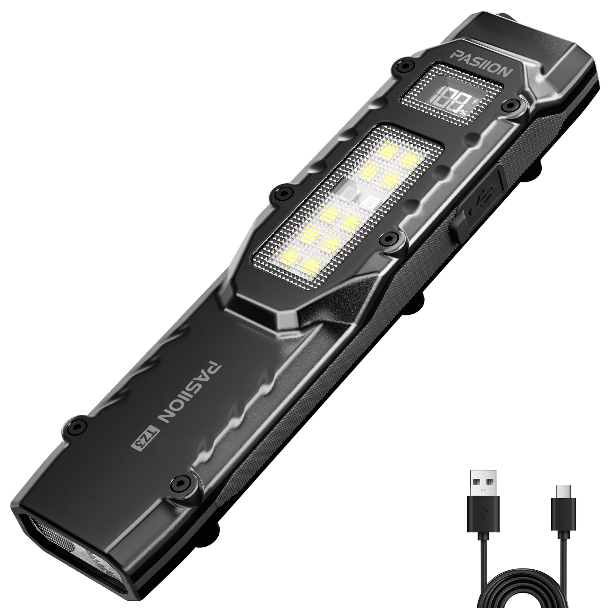 PASIION EDC Tactical Flashlight 1500 Lumen, Rechargeable, Dual-Switch, 8 Modes, Cool White 6000K-7000K, Black, Model FL05