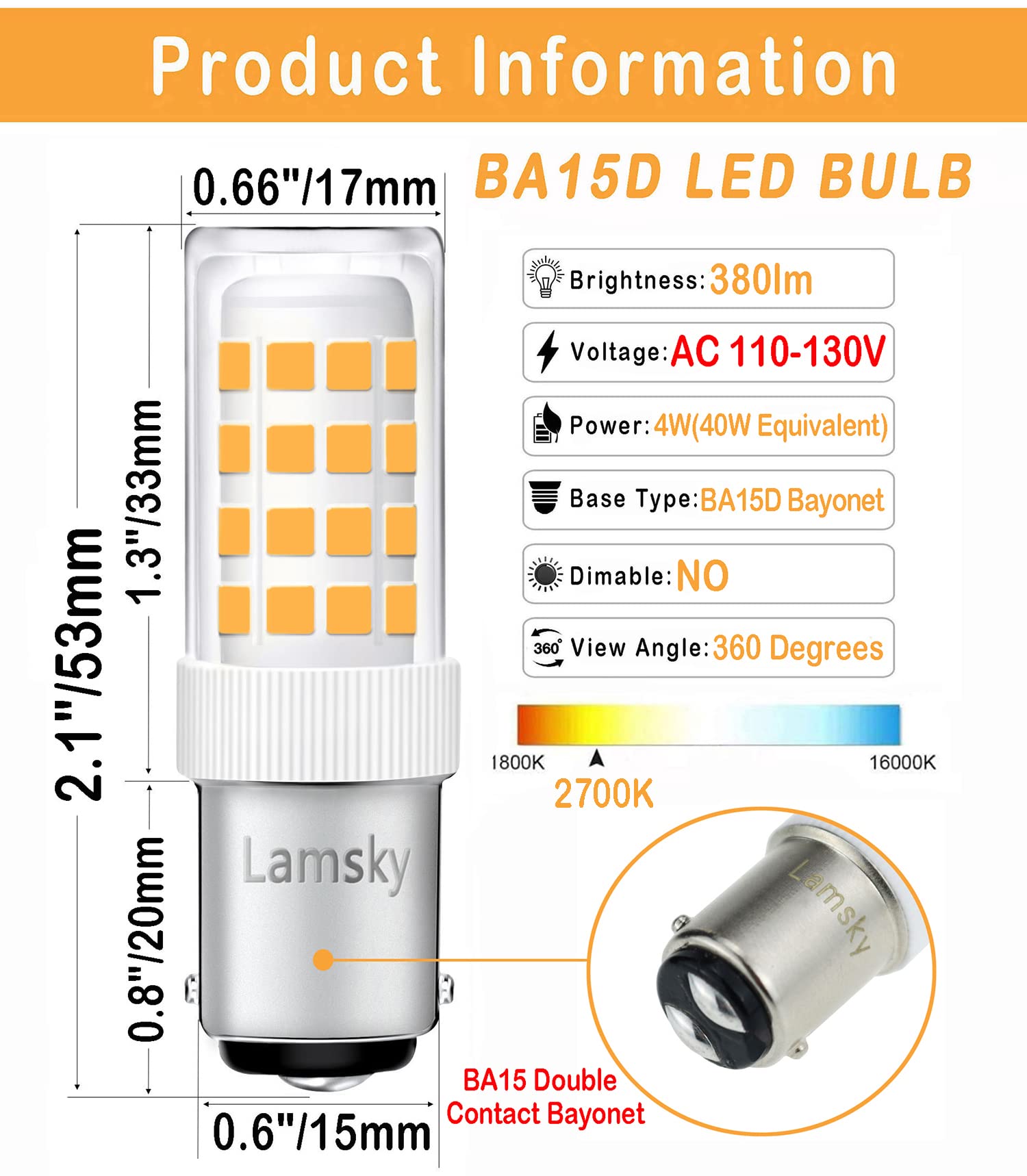Lamsky Led Ba15D Double Contact Bayonet Base 120 Volts 4W Led Light Bulb,T3/T4/C7/S6,Warm White 2700K,Led 40W Halogen Replacemen