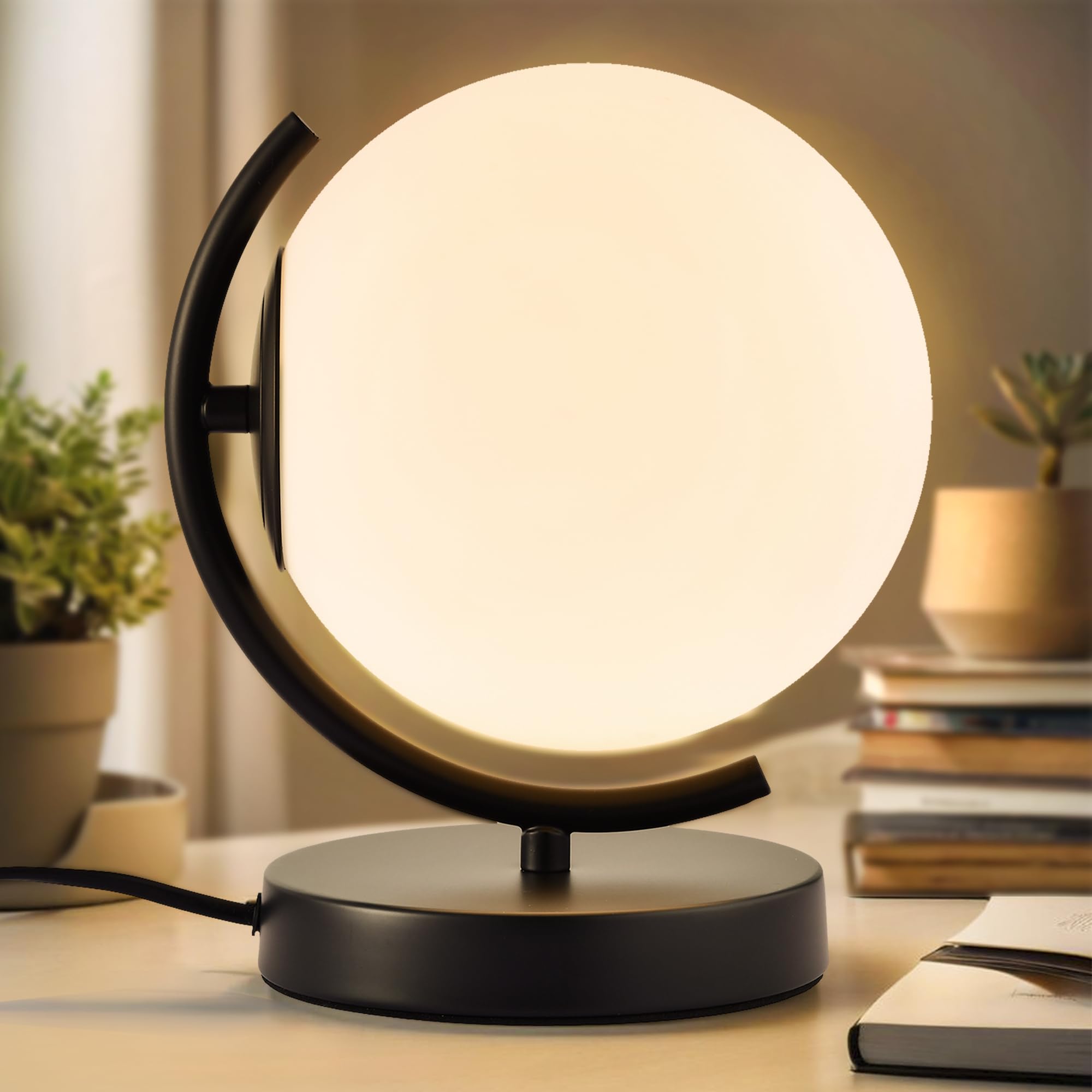 Modern Globe Table Lamp - 7.1 Opal Glass Shade  Black Metal Base - Mid Century Small Lamp for Bedroom Nightstand  Office Desk - Plug-in with 5.9FT Cord & On/Off Switch-Decorative Bedside Table Light