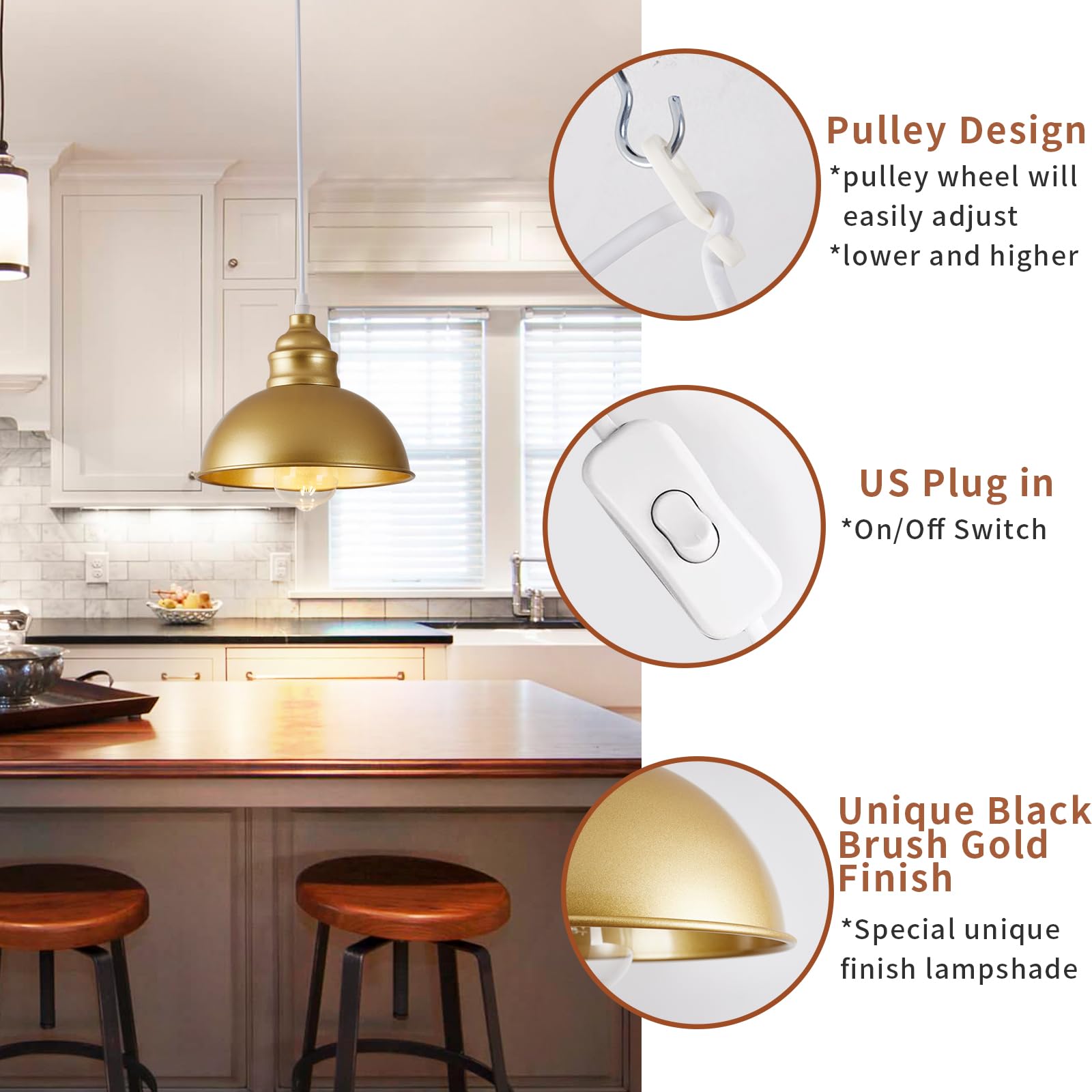 SoodMi Plug-in Pendant Light, 15FT Metal Hanging Lamp with On/Off Switch, Gold, Model PDL-011 for Living Room, Kitchen, Dining Room
