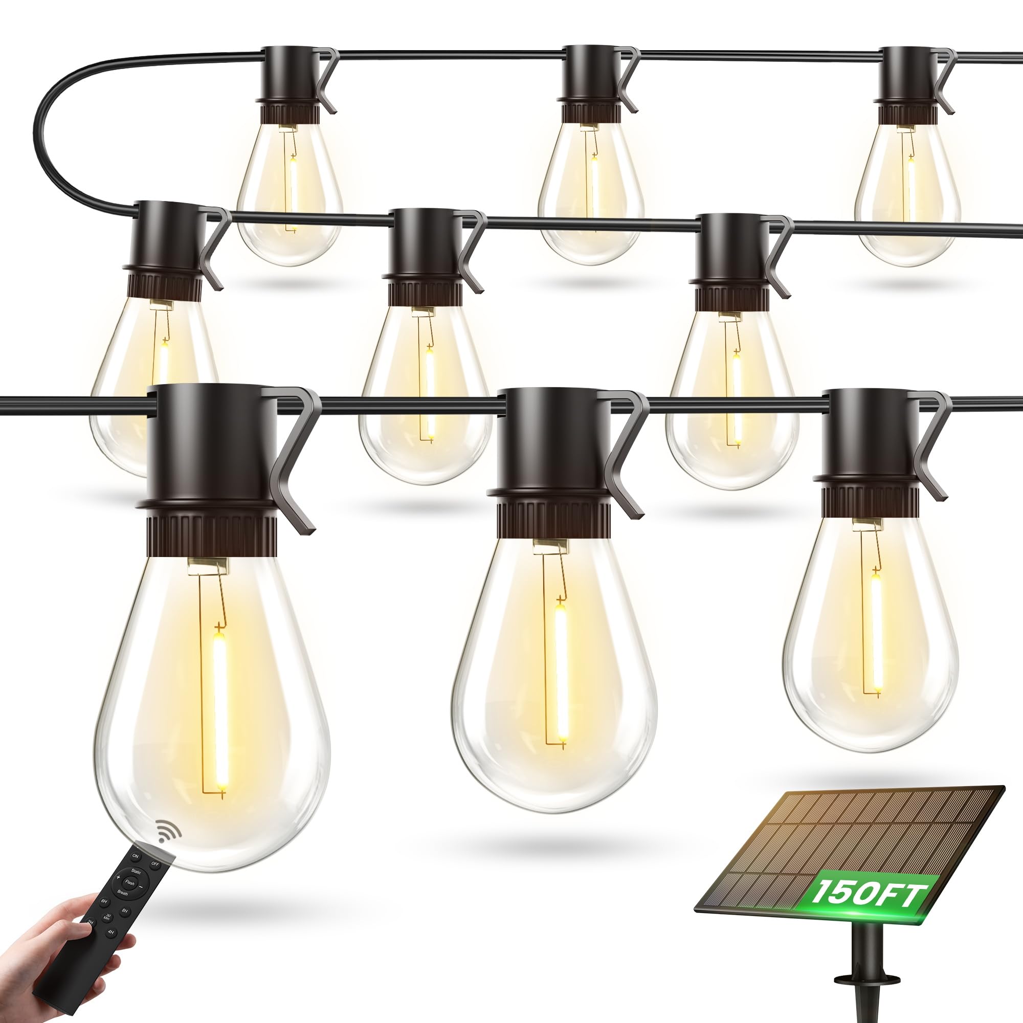 Torkase Solar Powered Outdoor String Lights, 150FT, 35+2 LED Bulbs, Warm White, Waterproof, Remote Control, Model YGM-S14-15S