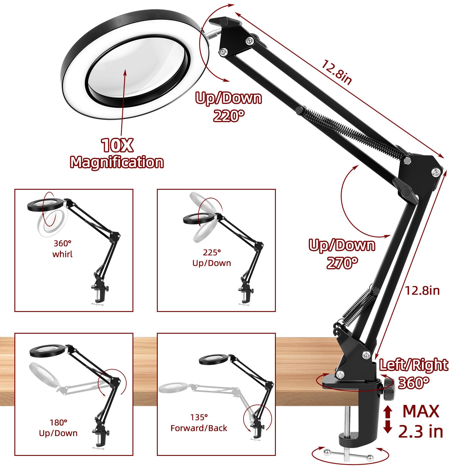 Paradmas Desk Lamp With Lighting Magnifying Glass: 10X Magnifying Glass Light With 3 Color Modes And 10 Levels Of Dimming